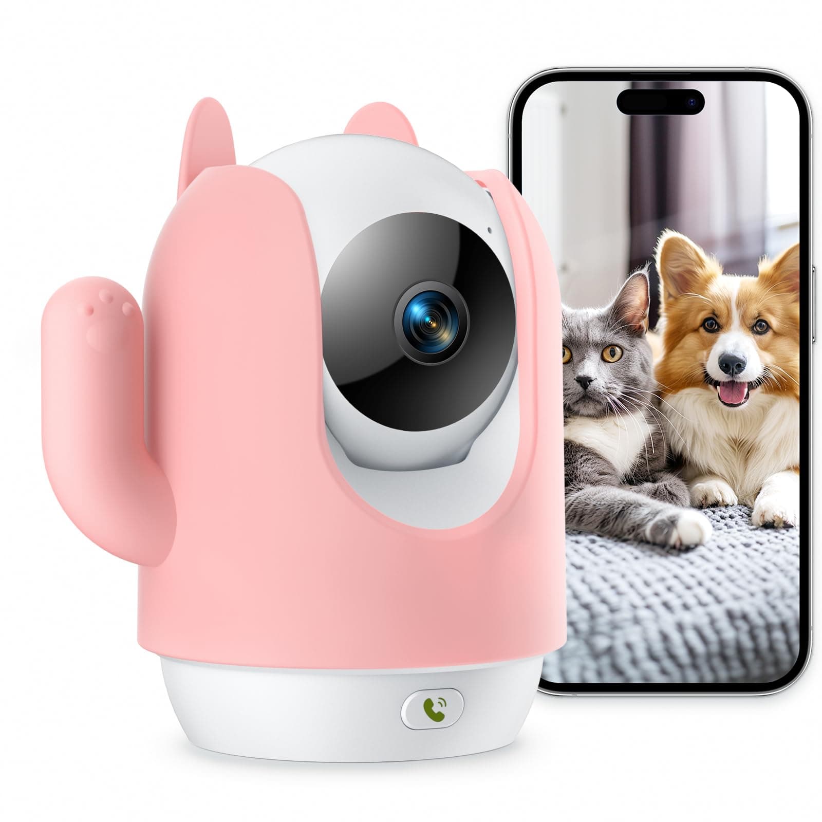 Pet Camera, 2K Indoor Security Camera, 360° Dog Cameras with Phone App, Video Monitor One-Touch Call, AI Motion Detection & Tracking, IR Night Vision, Cloud/SD Card Storage, 2.4GHz Wi-Fi, Pink