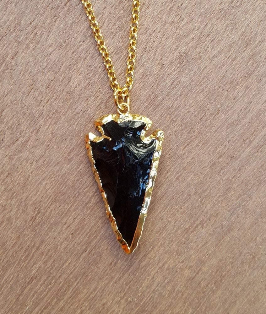 Natural Obsidian Arrowhead Necklace with Gold Plating 22 inches Unisex