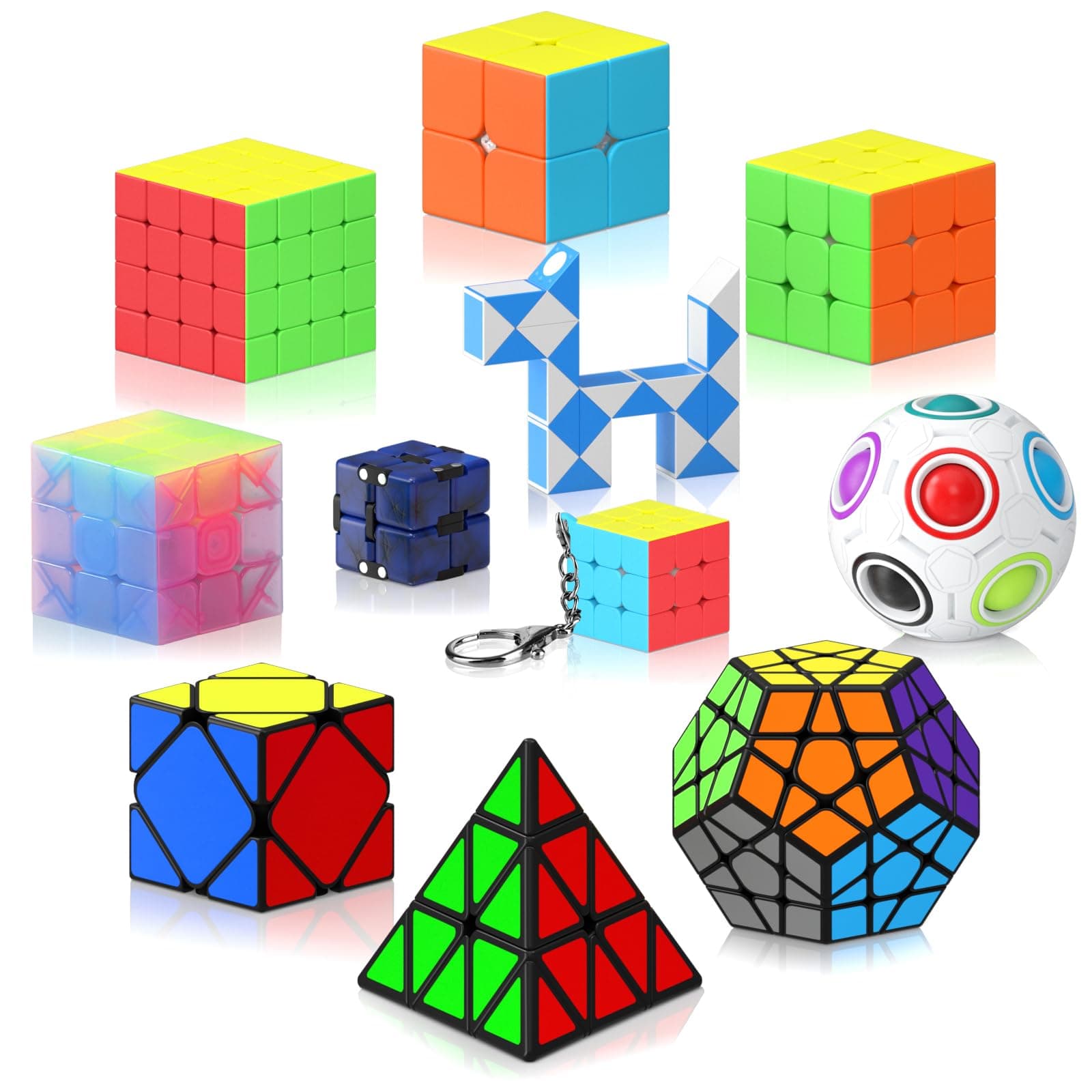 Speed Cube Set, 11 Pack Puzzle Cube Bundle Fidget Ball 2x2 3x3 4x4 Pyraminx Megaminx Skewb Jelly Snake Keychain Infinity Magic Cube, Smooth Cube Game Toys Gift for Kids & Adults