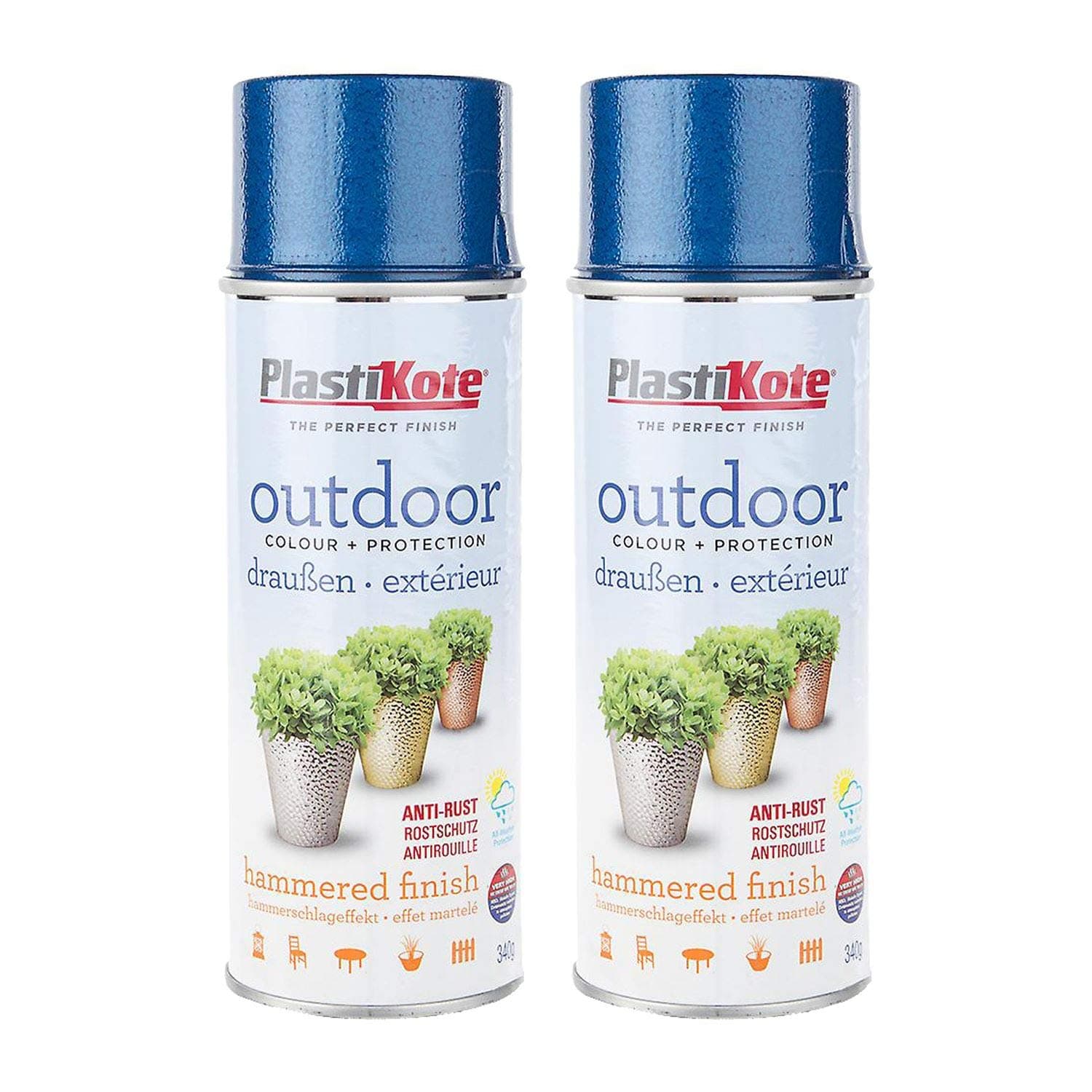 PlastiKote Outdoor Hammered Finish Blue Spray Paint 400ml - 2.23m² Coverage per can - Anti-Rust All Weather Protection.