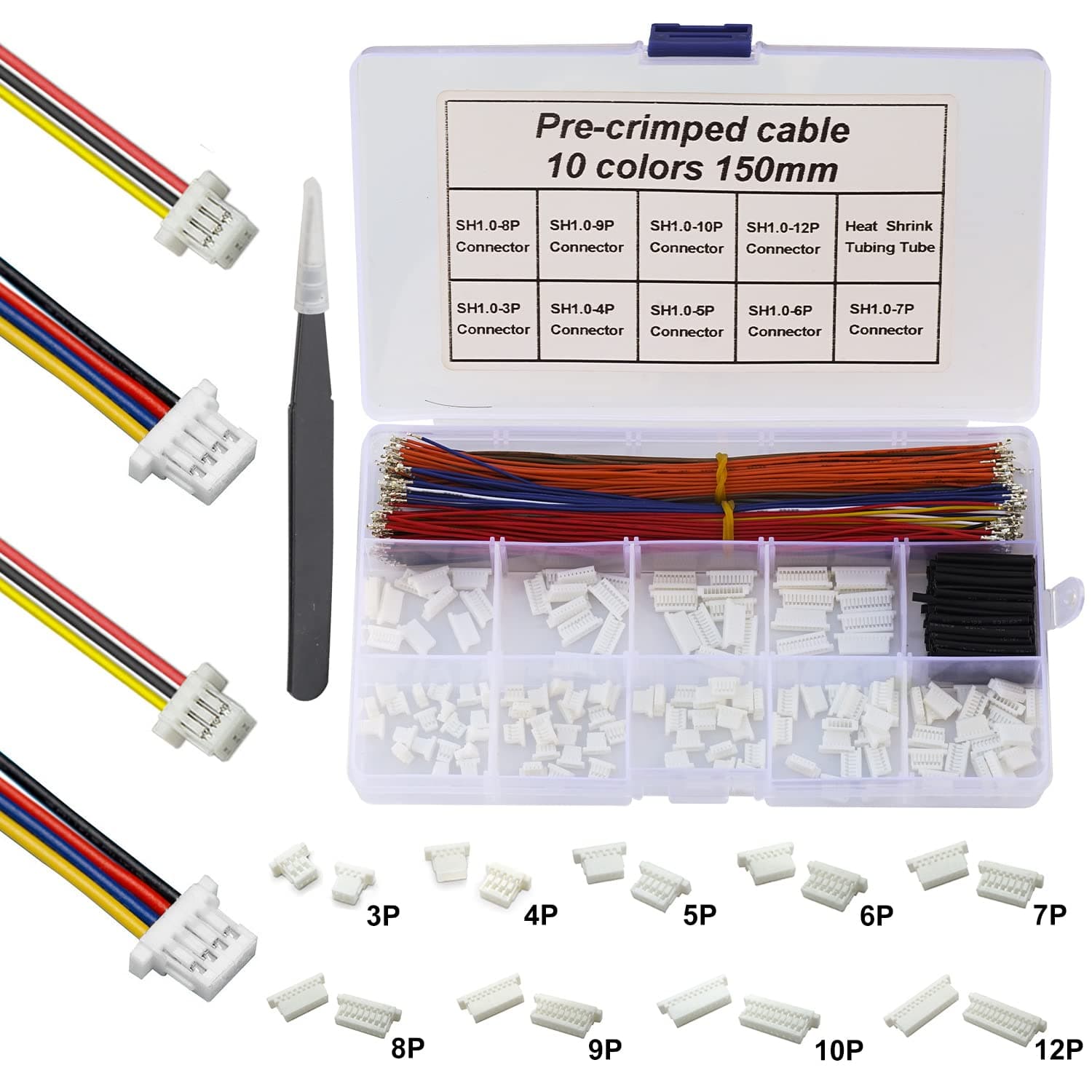 Jst SH1.0mm Connector Kit and Premium Pre-Crimped Cables，for SPRacing F3 Omnibus F4 Pro F7 Racing Drone Wire Kit，Total 140pcs sh1.0 Connectors and 10 Colors 250pcs 28AWG Cable 150mm Wire