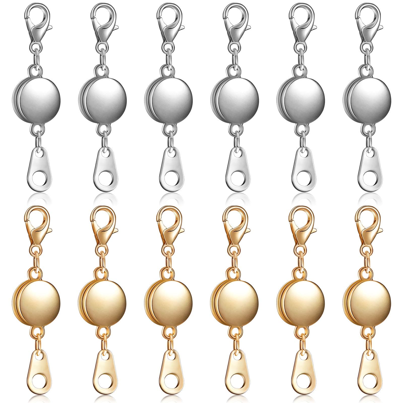 Hicarer 12 Pieces Locking Magnetic Necklace Clasp Round Necklace Extenders Magnetic Jewelry Clasps Closures Bracelet Extender for Jewelry Making (Gold, Silver)