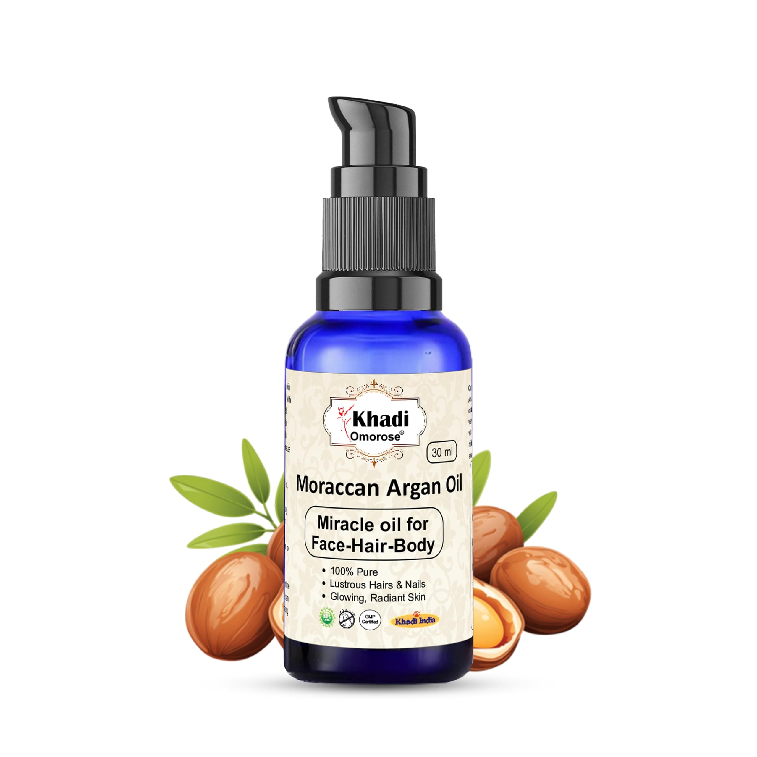 Khadi Omorose Moraccan Argan Oil, Cold Pressed Organic, 30ml, for Skin, Hair & Anti-Ageing Face Care ! 30 ml