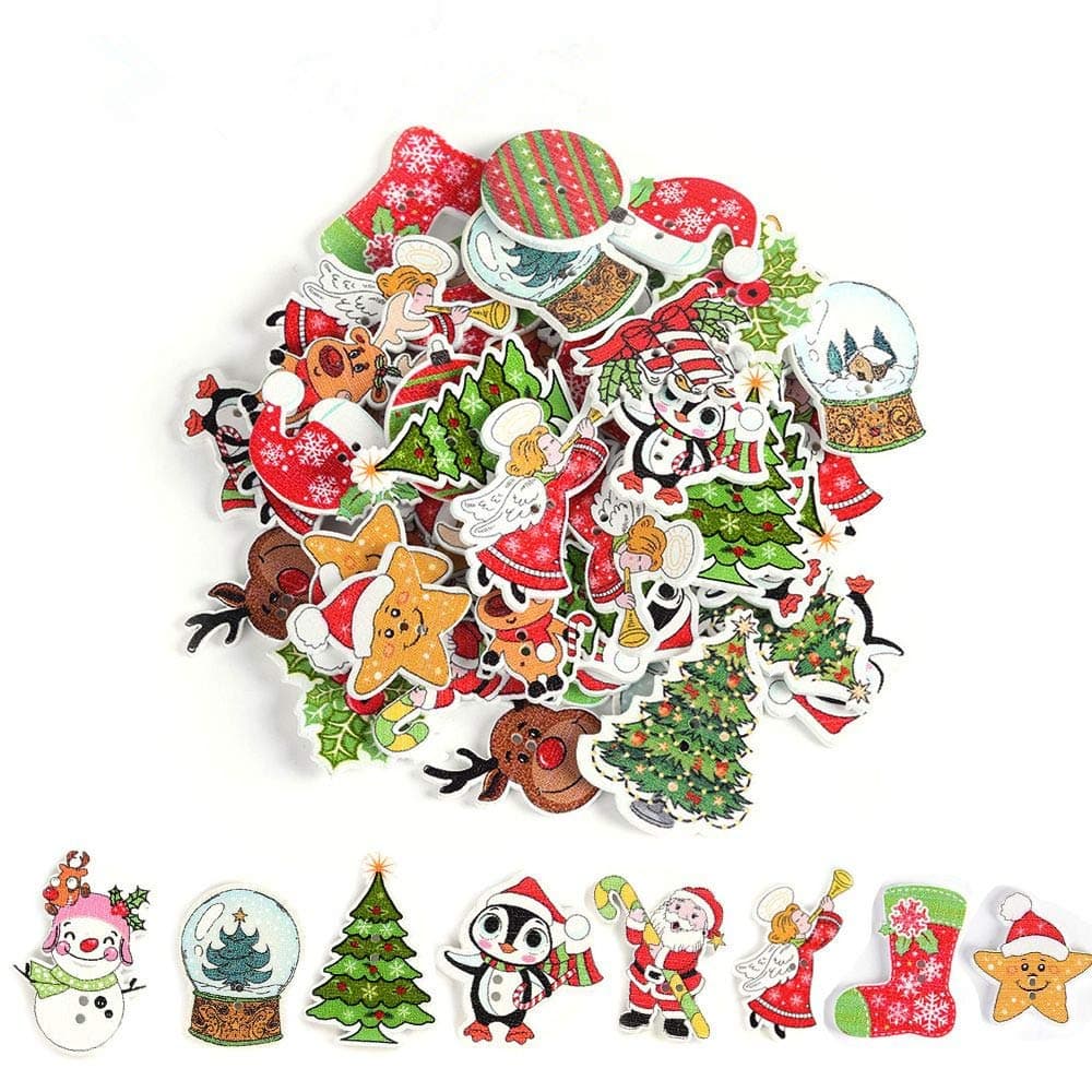 50Pcs Novelty Christmas Wooden Buttons Santa Claus Snowman Xmas Tree Reindeer Mixed Buttons Handmade Decorative Dress Up 2 Holes Buttons Sewing Crafting Gift Buttons