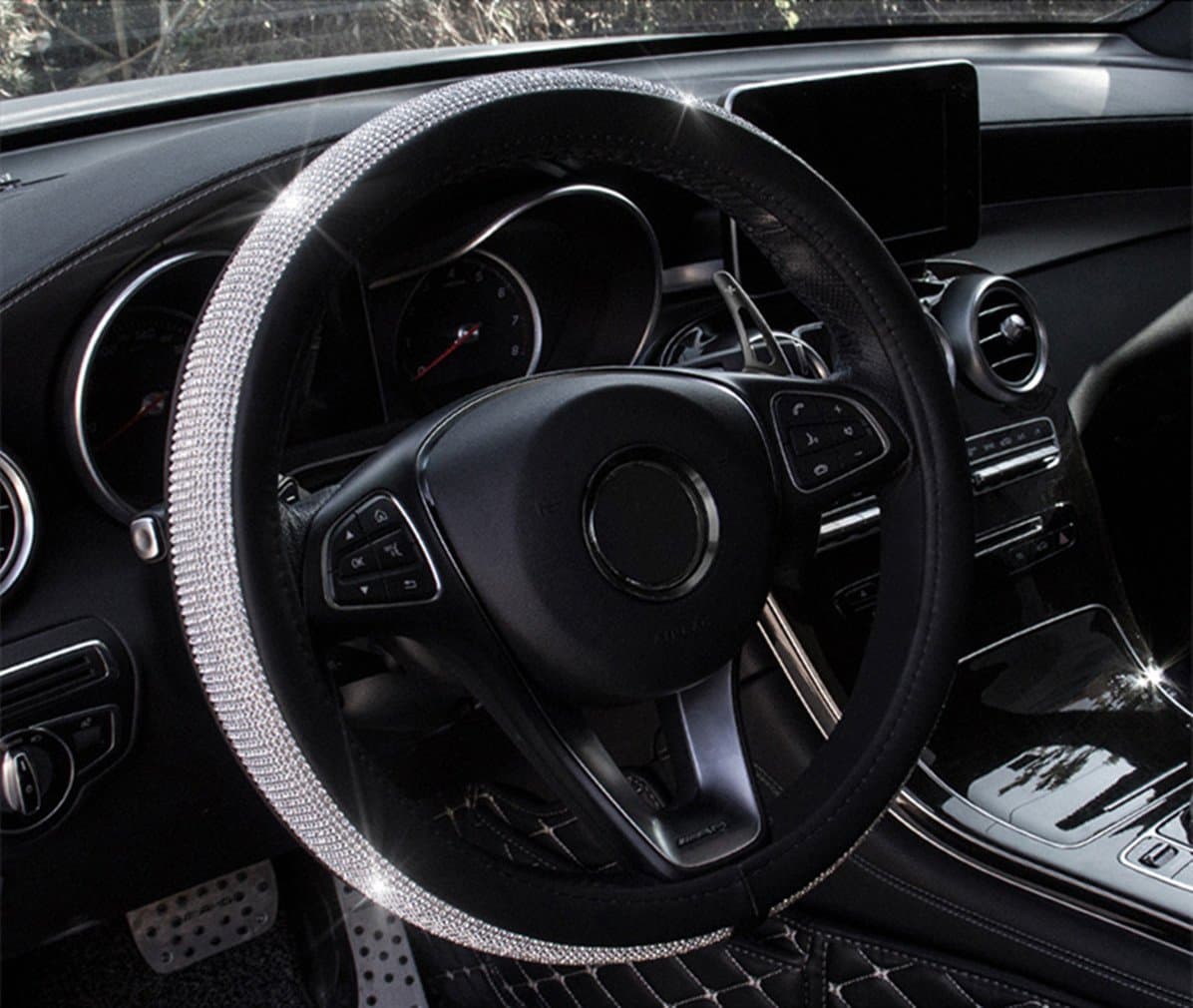 Steering Wheel Cover with Bling Bling Diamond ,Universal 15inch Sparkly Car Accessories Interior for Women (White, Diamond)