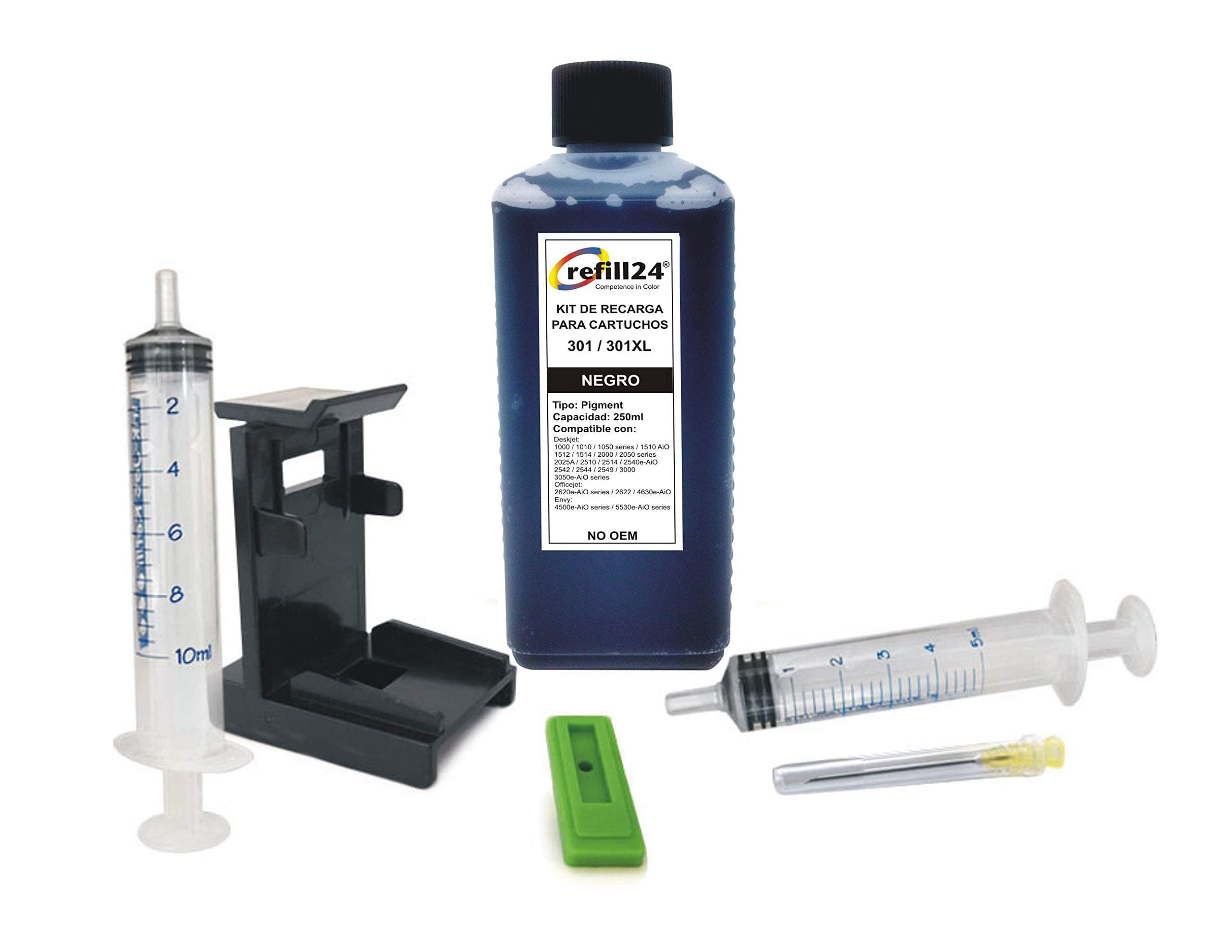 refill24 Refill Kit Compatible for HP 301, 301 XL Black Ink Cartridges, Includes Clip and Accessories + 250 ml Ink