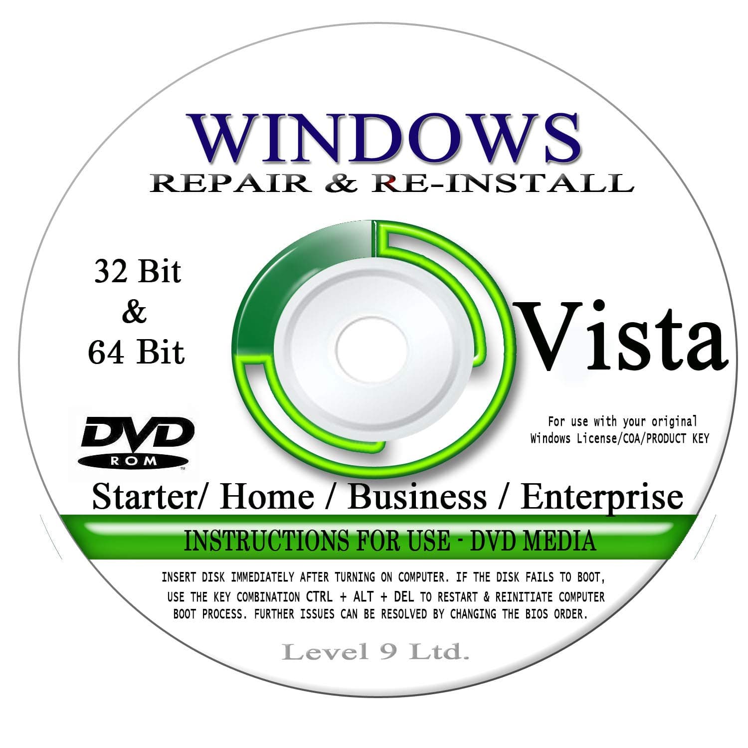 WINDOWS VISTA - 32 Bit & 64 Bit DVD SP1, Supports All Versions. Starter, Home Basic, Home Premium, Business, and Enterprise edition. Recover, Repair, Restore or Re-install Windows to Factory Fresh!
