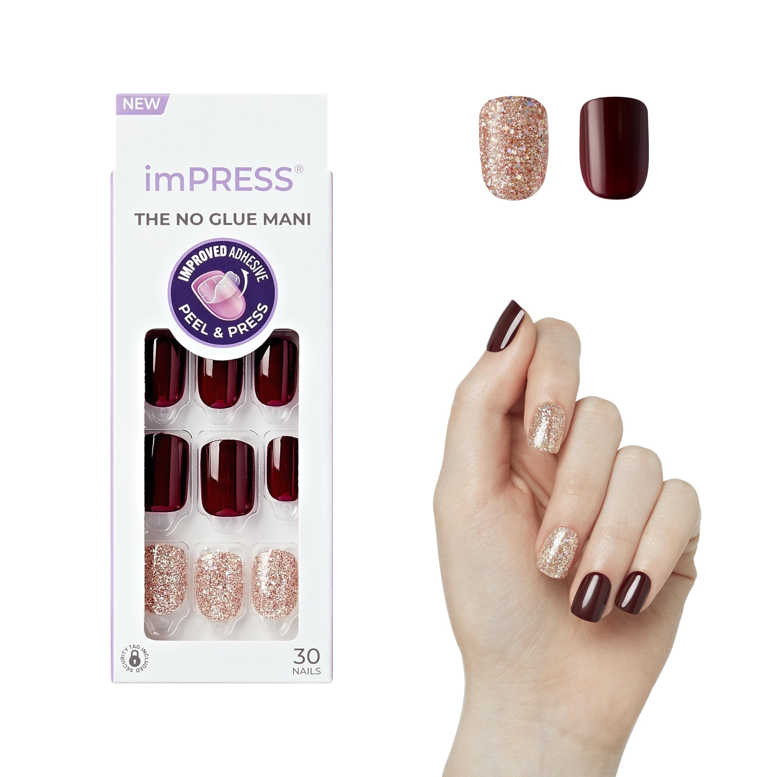KISS imPRESS Press-On Manicure, Nail Kit, PureFit Technology, Short Press-On Nails, No Other, Includes Prep Pad, Mini File, Cuticle Stick, and 30 Fake Nails