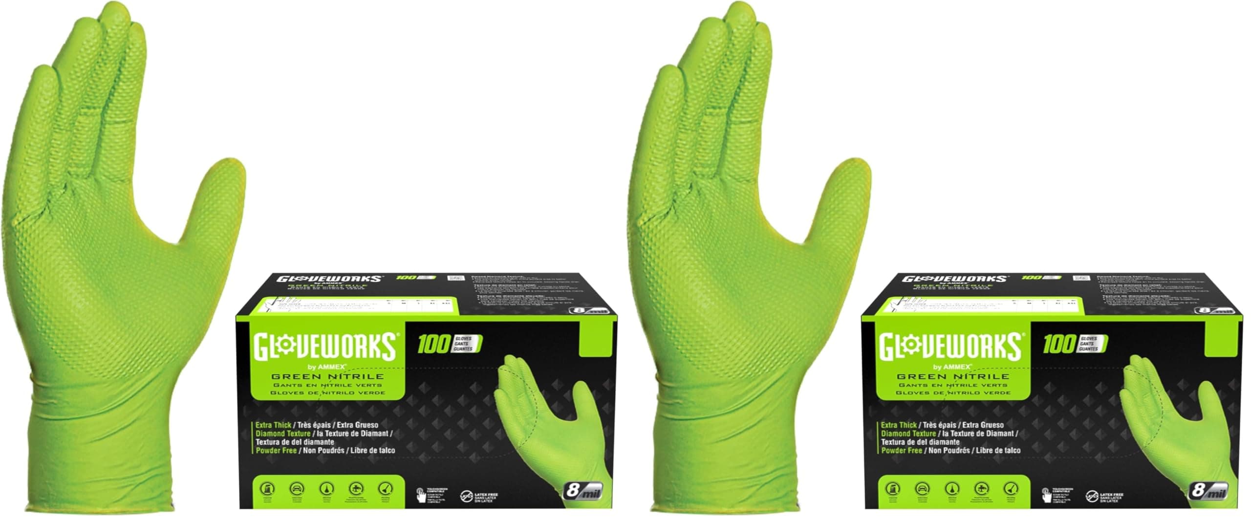 GLOVEWORKS HD Green Gloves, 8 Mil Nitrile Disposable Heavy Duty Raised Diamond Grip Mechanic Glove, Bulk Purchasing Options