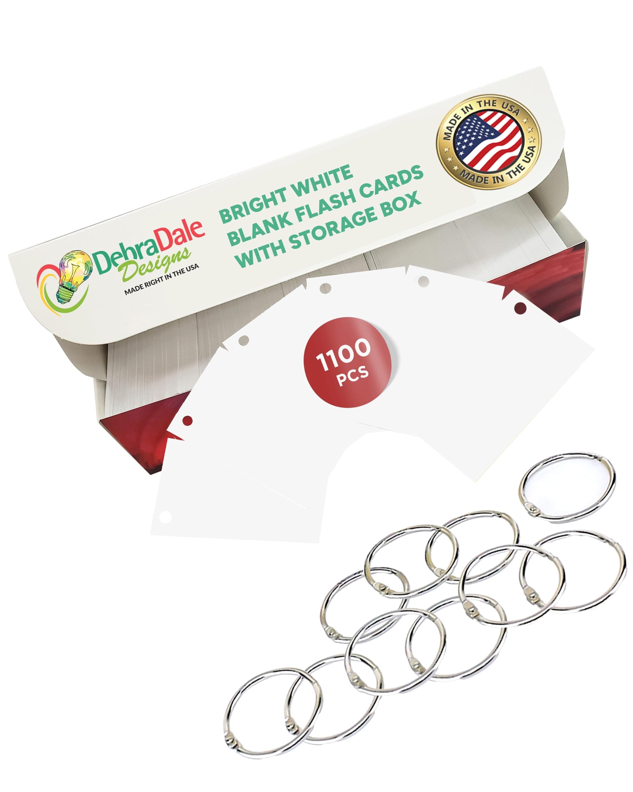 MADE IN USA – Debra Dale Designs White Flash Cards – 2"x3.5" Blank Notecards – 1,100 Hole-Punched with 10 Rings – Classroom Supplies for Test Prep & Study