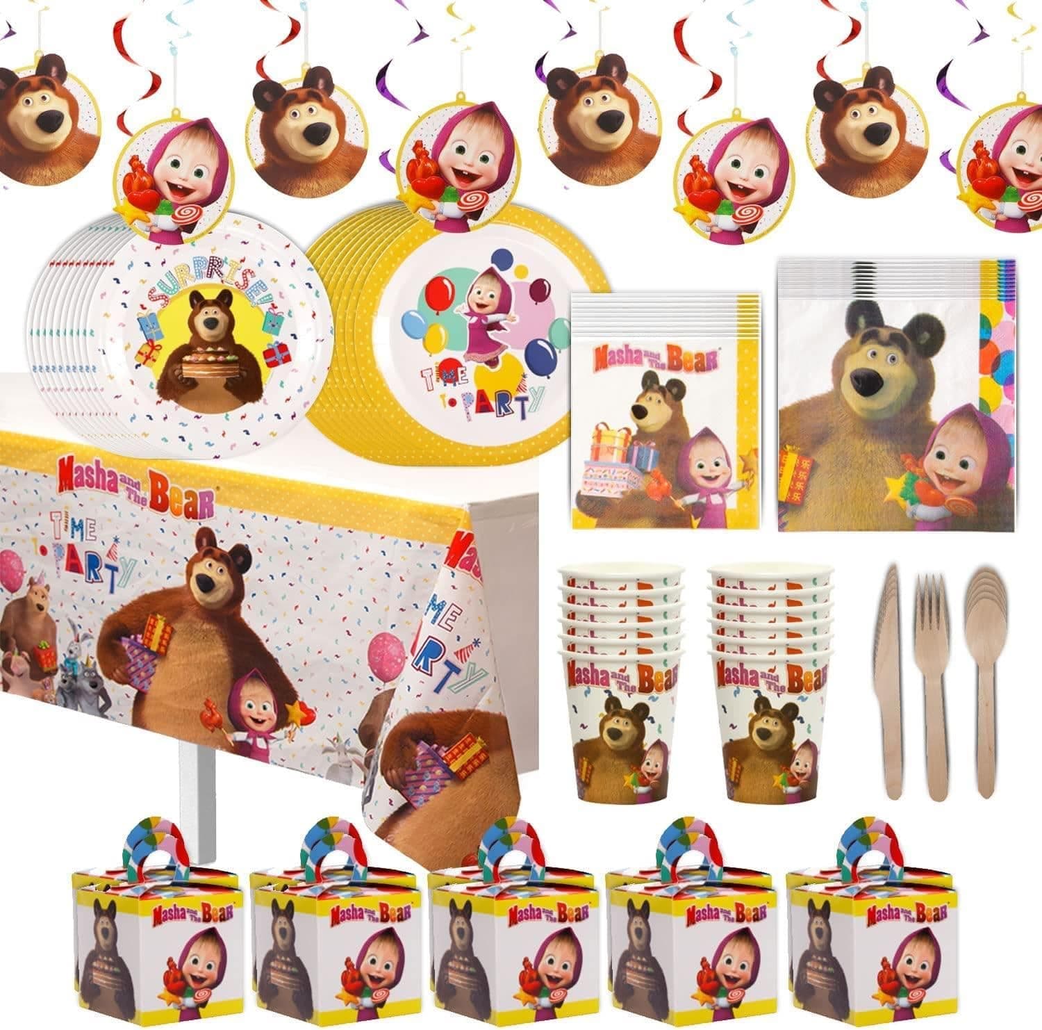 Mighty Mojo Masha And The Bear Party-In-A-Box - Complete Decorating Kit For Birthdays, Holidays & More 8 Hanging Decs, 8 Plates, Tablecloth, Utensils, Cups, Napkins, Favor Boxes