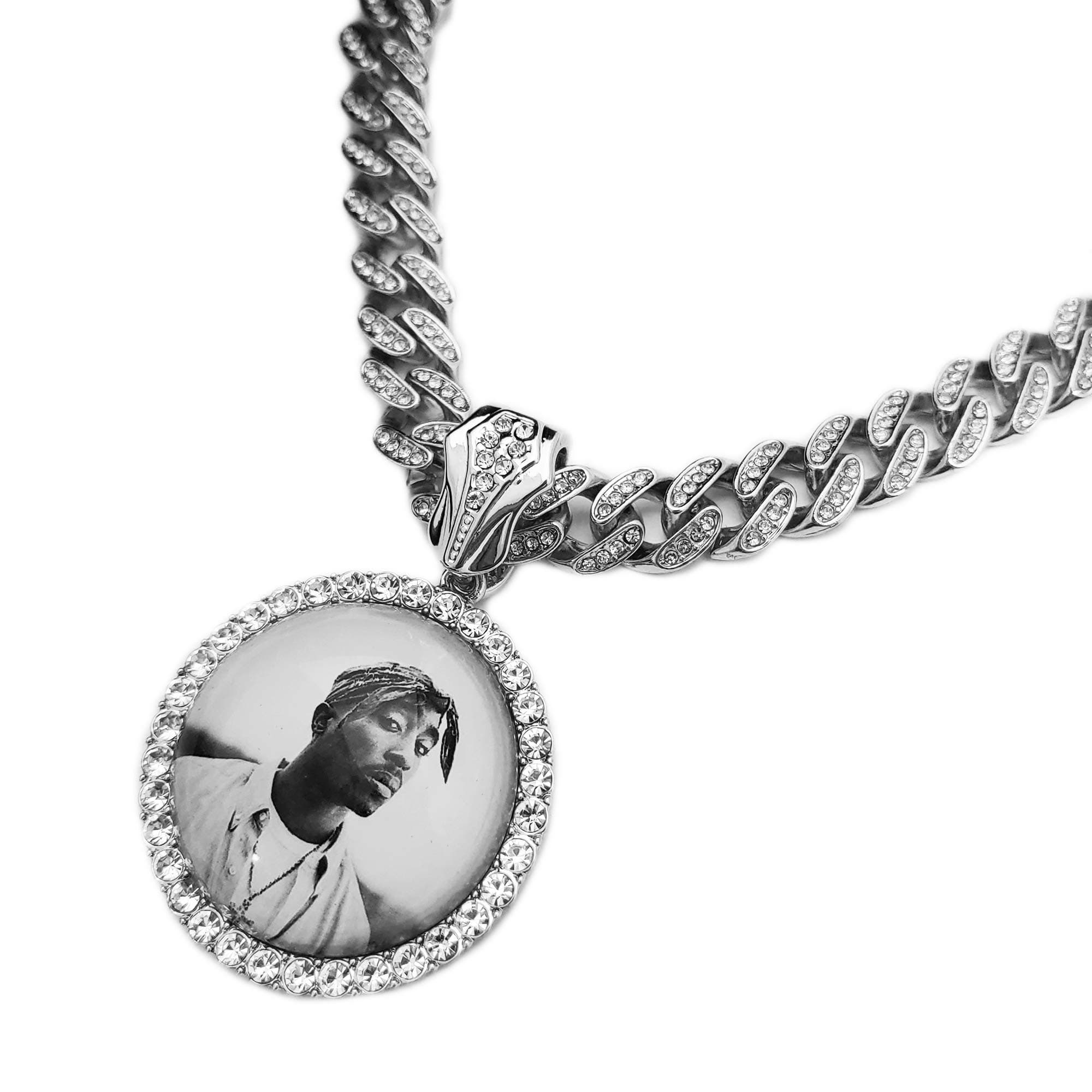 BLINGFACTORYHip Hop Silver PT 2Pac Picture Frame & 18" Iced Box Lock Cuban Choker Chain Bling Necklace