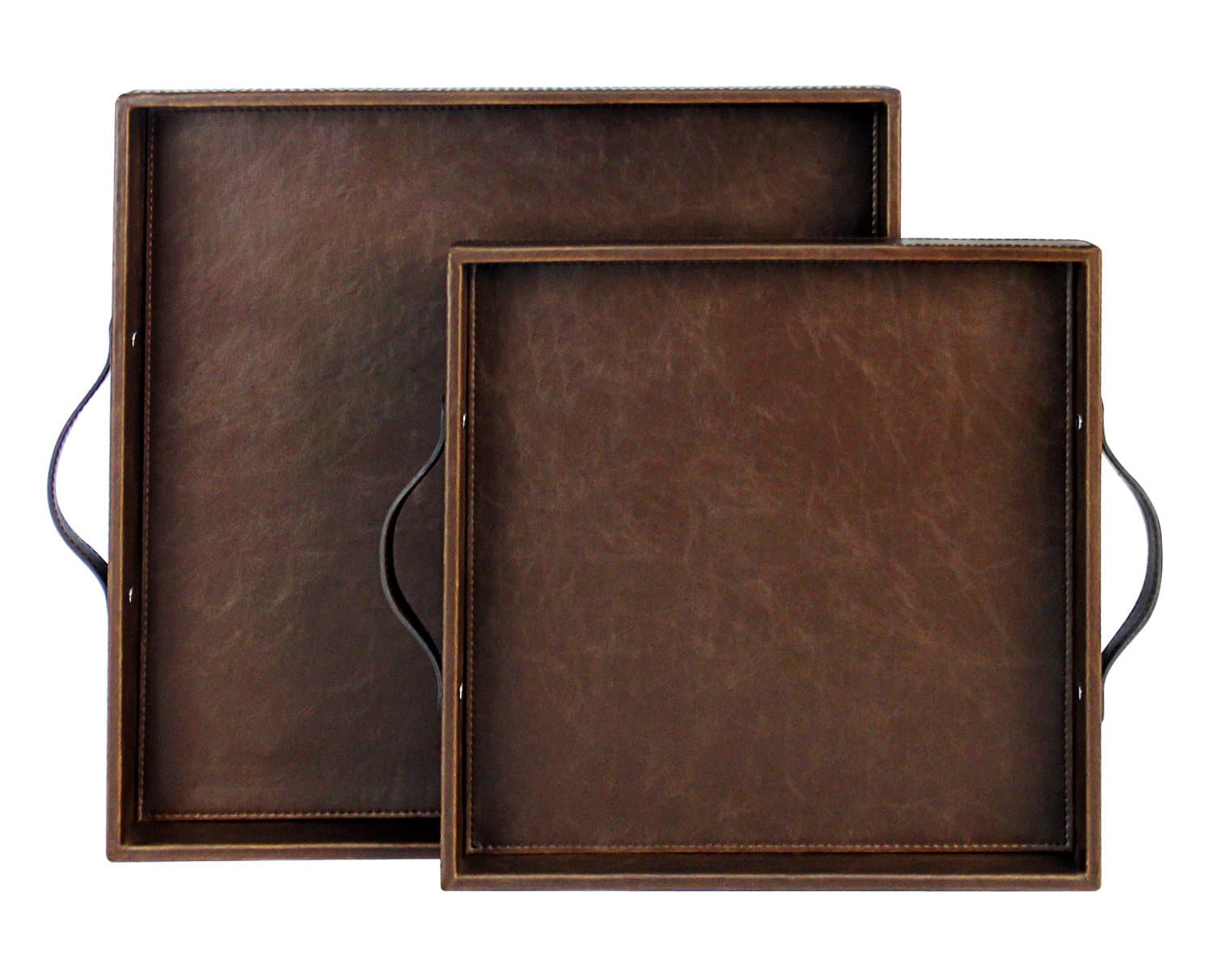 HofferRuffer Set of 2 Square Serving Tray with Handles, Coffee Tray, Wood Structue Butler Tray, Brown, M: 12 x 12 x 1.77 inches, L: 15 x 15 x 1.97 inches