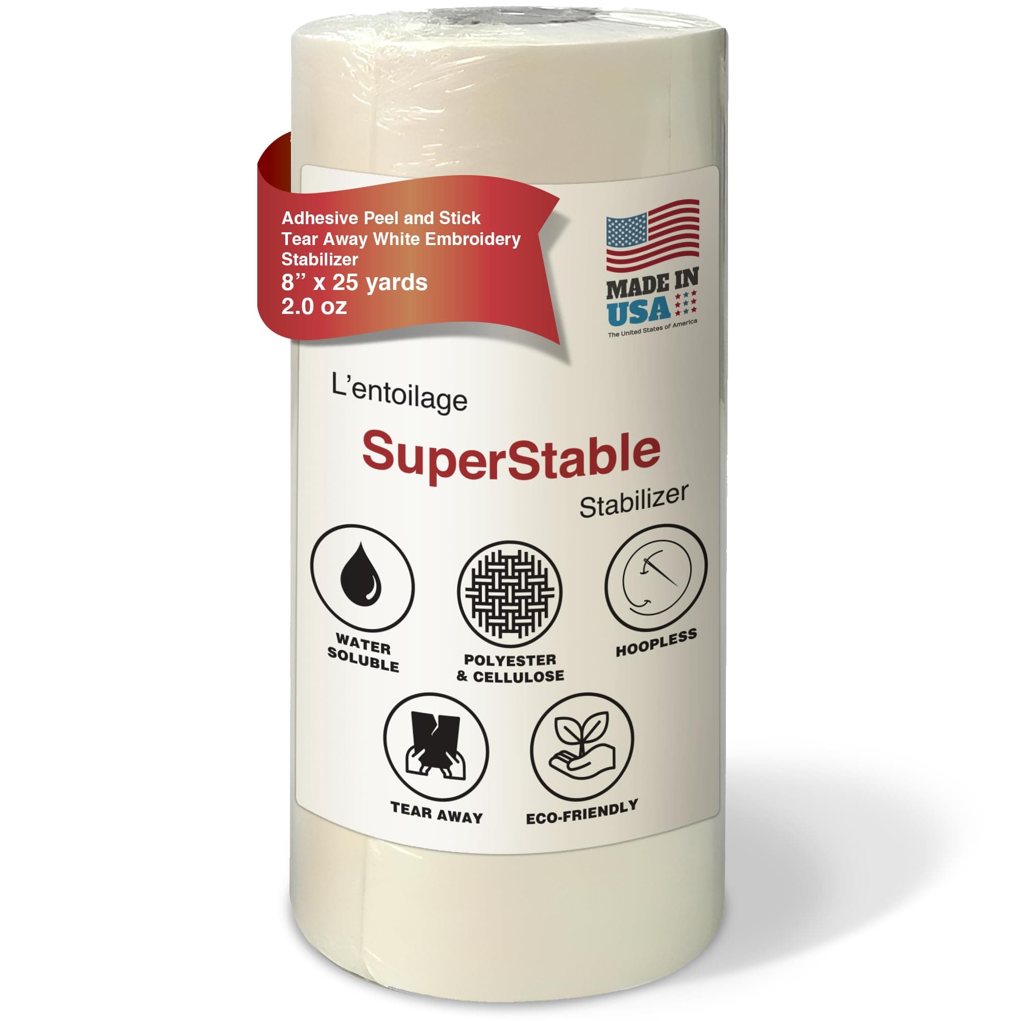 Superpunch White Adhesive Peel & Stick Tear Away Stabilizer for Embroidery - 8-inch x 25-Yard Roll, SuperStable Machine Embroidery Stabilizers Backing 2.0 oz for Hoop Less Embroidery, Made in USA