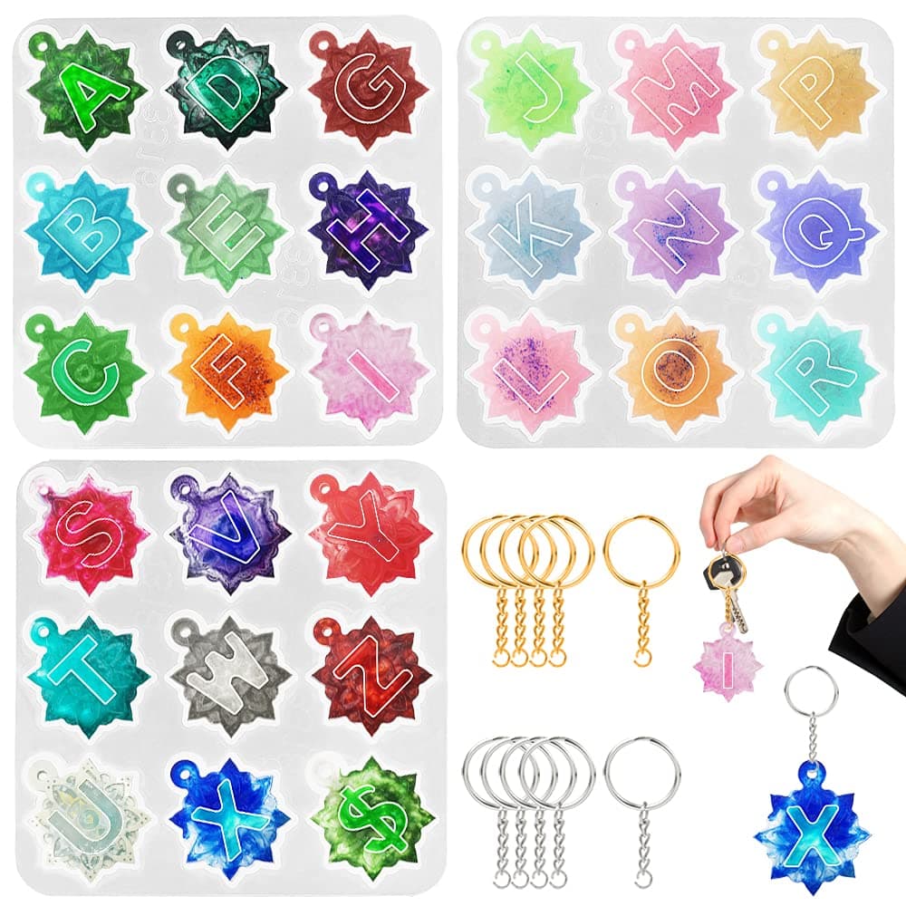 3 Pcs Alphabet Resin Moulds with 10 Keychains, AIFUDA 26 Letters Epoxy Silicone Mold for Keychains, Phone Grips, Ornaments, Pendants and Home Decoration Crafts