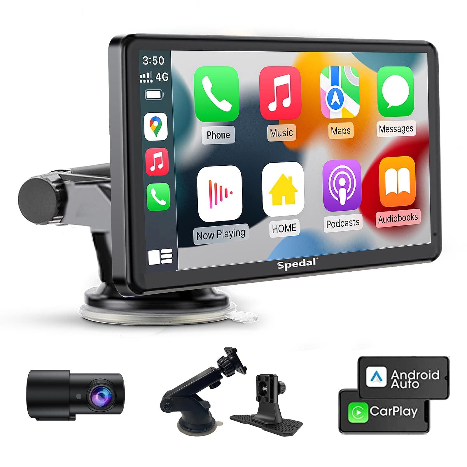 Spedal Wireless Apple Carplay & Android Auto with 2K Dash Cam Front Camera, Portable Car Stereo with 7 Inch Car Play Screen, Bluetooth, WiFi, AirPlay, AUX/FM Transmitter Supports Most Car Models