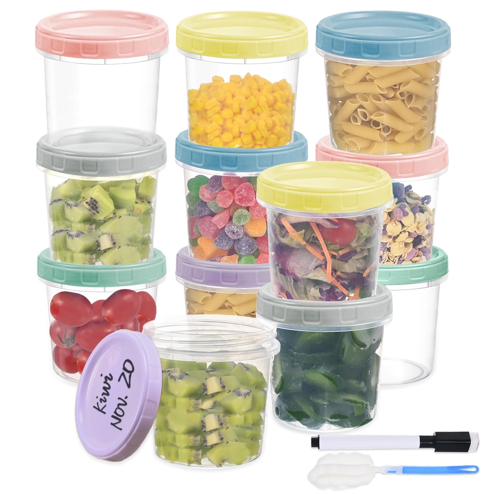 12pcs 16 oz Plastic Deli Containers with Screw Lids, Small Freezer Container Reusable 2 Cup Food Storage Container with Pen & Brush for Snack Salad Fruit, Microwave & Dishwasher Safe BPA Free