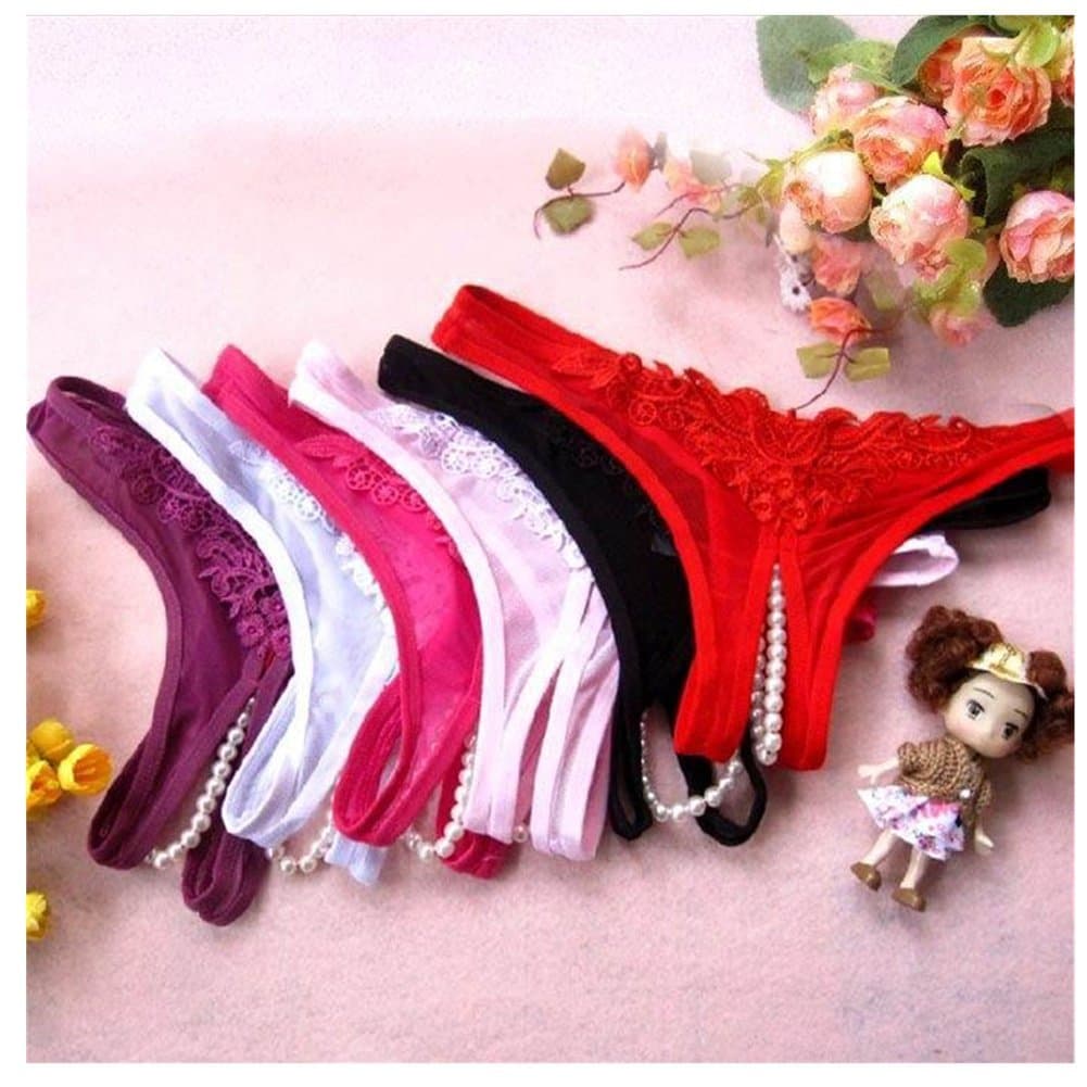 Lovef Women Open Crotch Lingerie Pearl Bead Underwear G-string Thong (6 Pcs Mix Color)