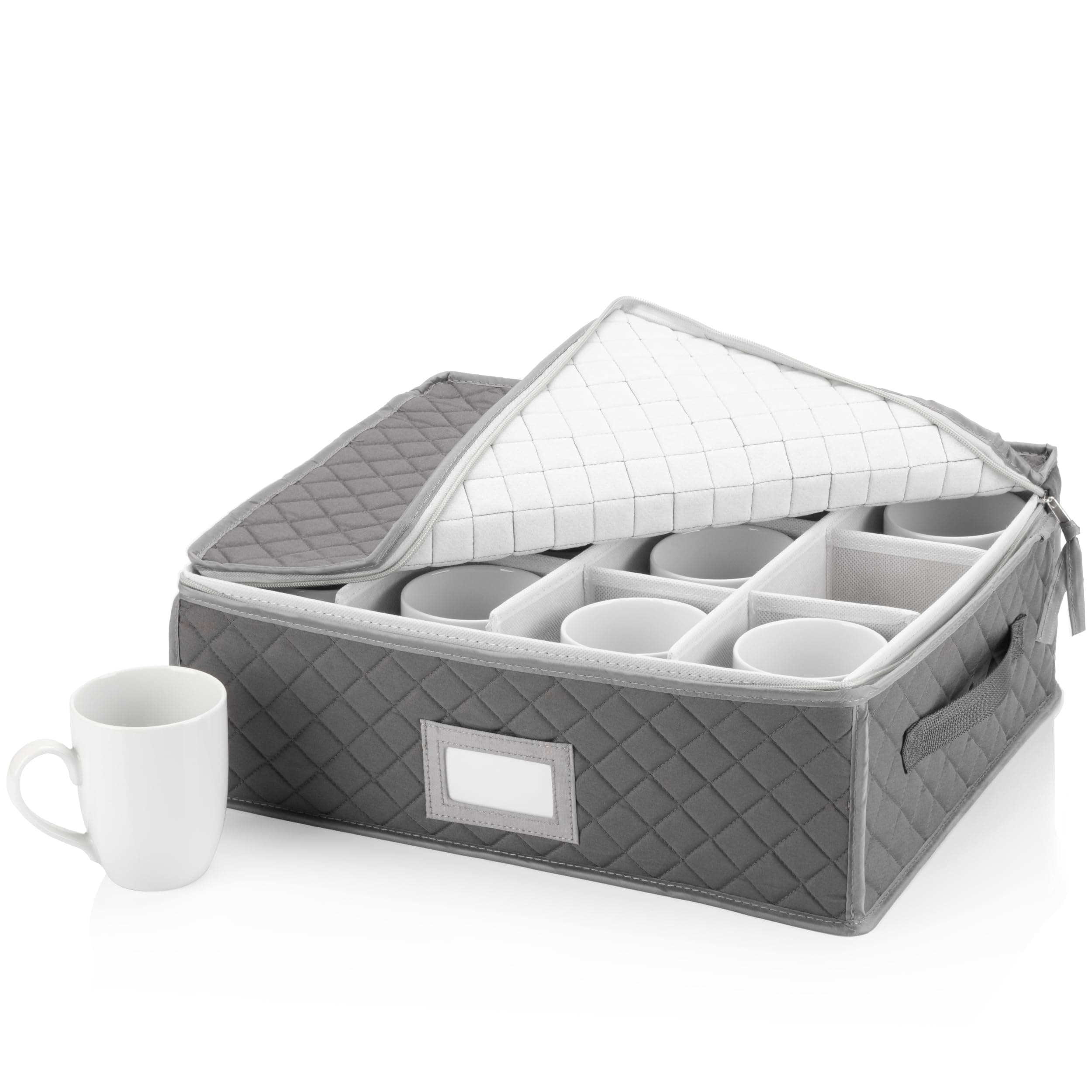 China Cup Storage Chest - Quilted Fabric Container in Gray Measuring 16" x 13" x 6"H - Perfect Storage Case for Coffee Mugs - Tea Cups - Mason Jars - Glassware