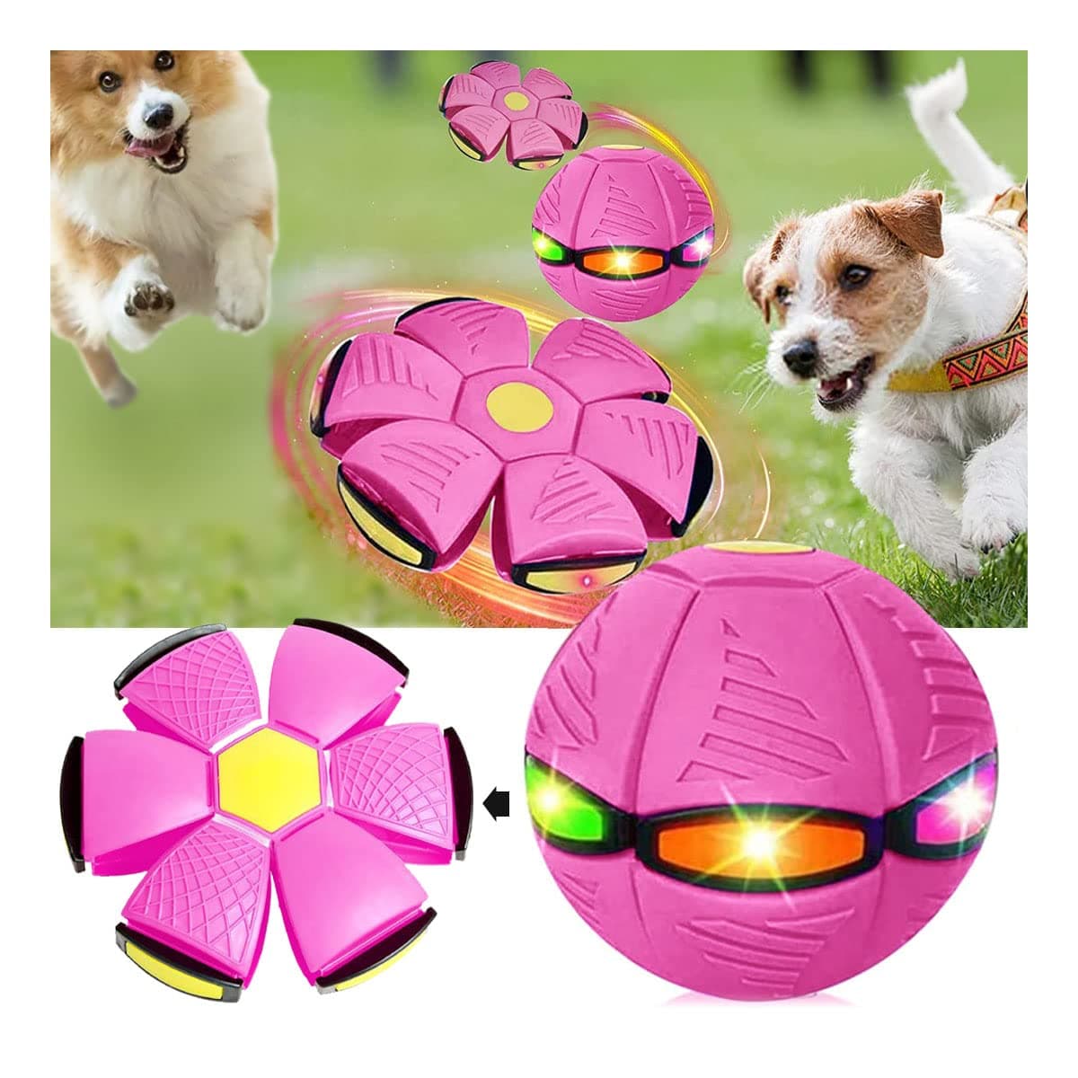 Pet Toy Flying Saucer Ball Stomp Ball Decompression Deformation Foot Stomp Light-Emitting Ball For Dog And Pet Outdoor Exercise Games (Rose Red)