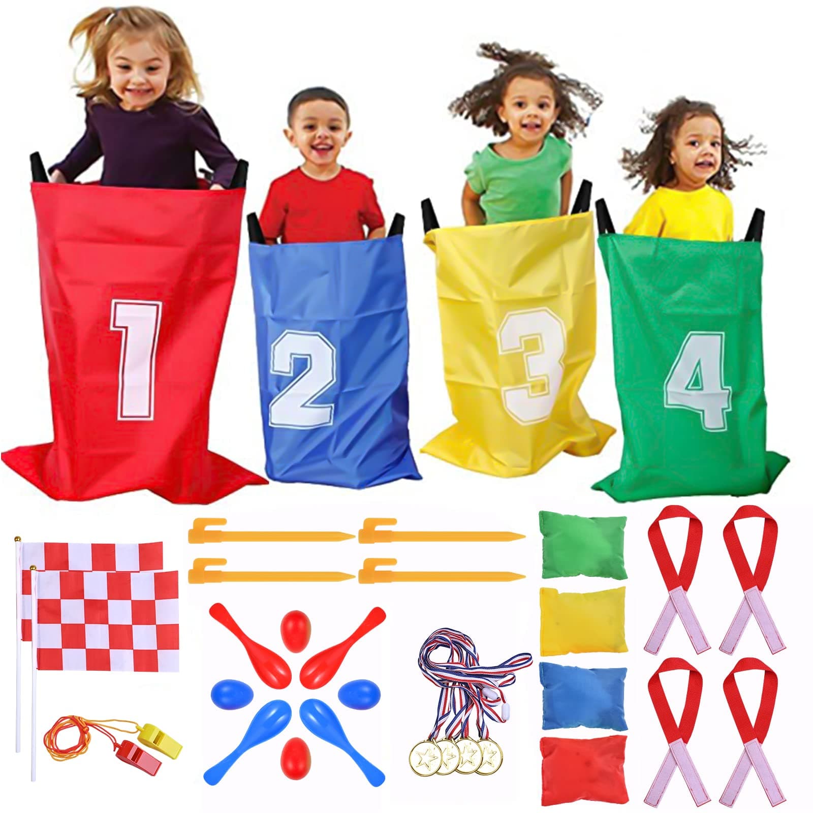 GOLDGE 28 Piece Outdoor Games Kit for Kids, Includes Potato Sack Race Bags, Bean Bag Toss, 3 Legged Race Bands, Egg Spoon Relay, for Easter & Birthday Parties (Potato Sack Race Bags)
