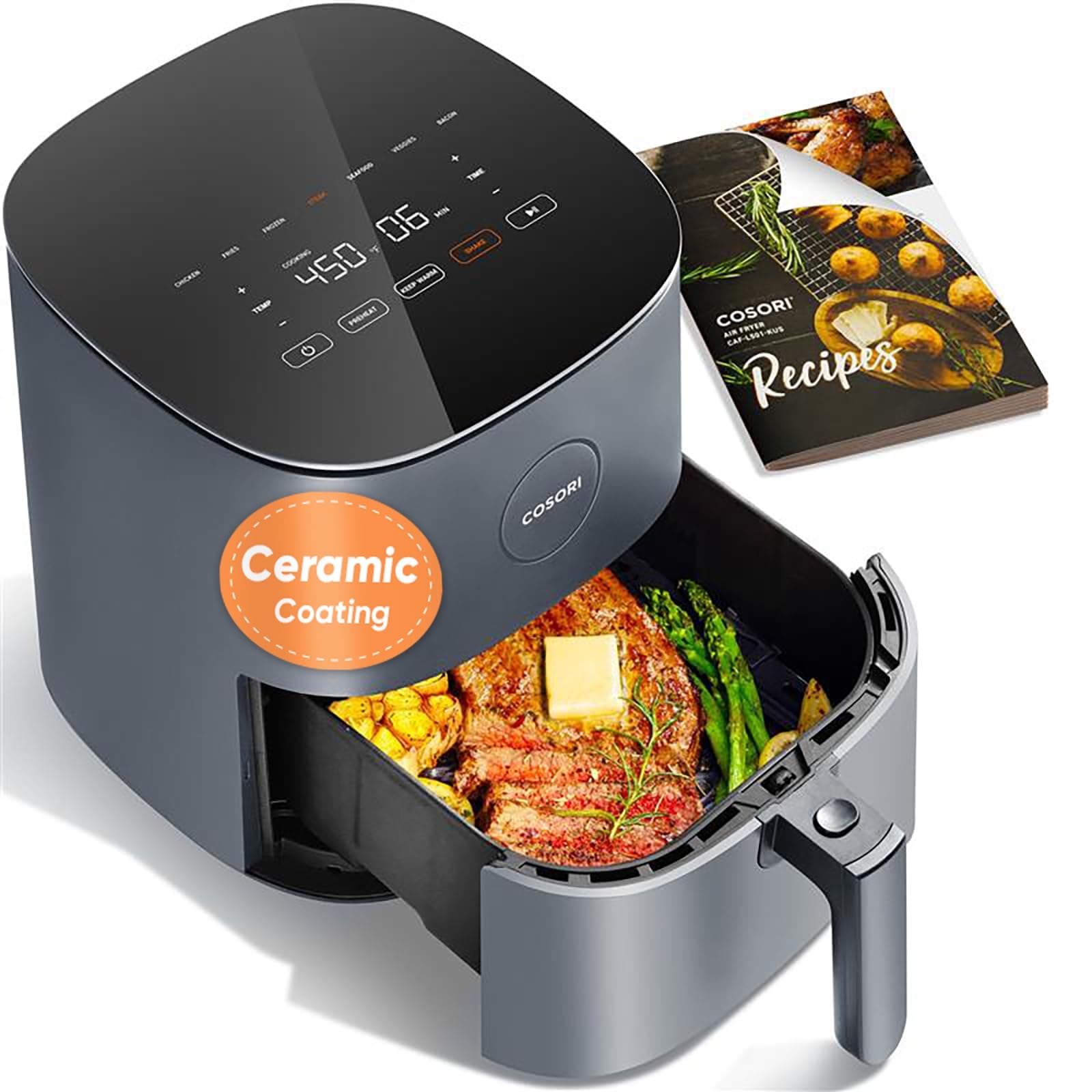 Air Fryer Pro, Compact 5QT, Ceramic Coating, 7 Presets with Preheat & Keep Warm, 450℉, Easy to use & clean, Shake Reminder, 130+ In-App Recipes, Nonstick & Dishwasher-Safe Basket, Gray
