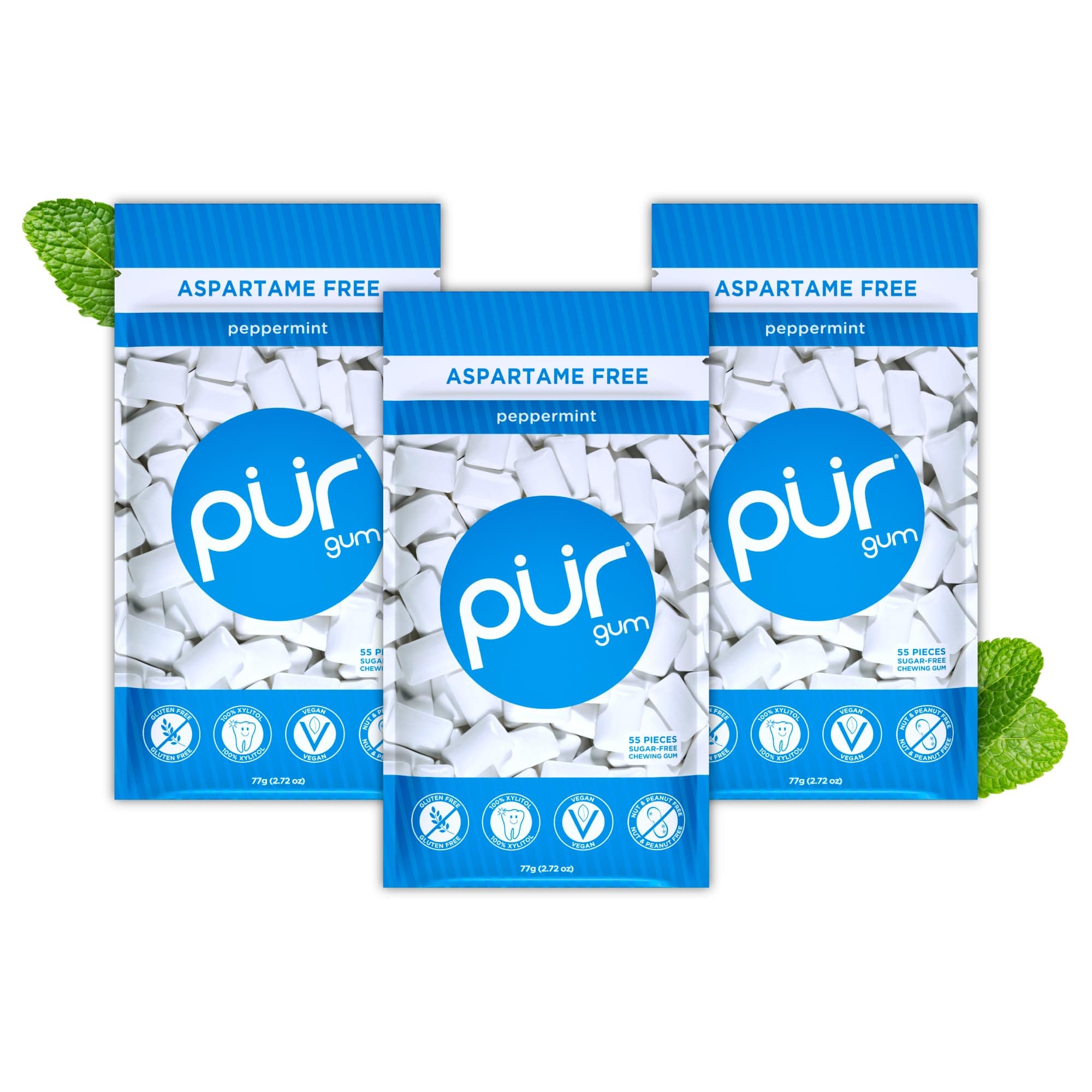 Sugar Free Chewing Gum | Made with Xylitol | Vegan, Aspartame Free, Gluten Free & Keto Friendly | Natural Peppermint Flavoured Gum, 55 Pieces (Pack of 3)