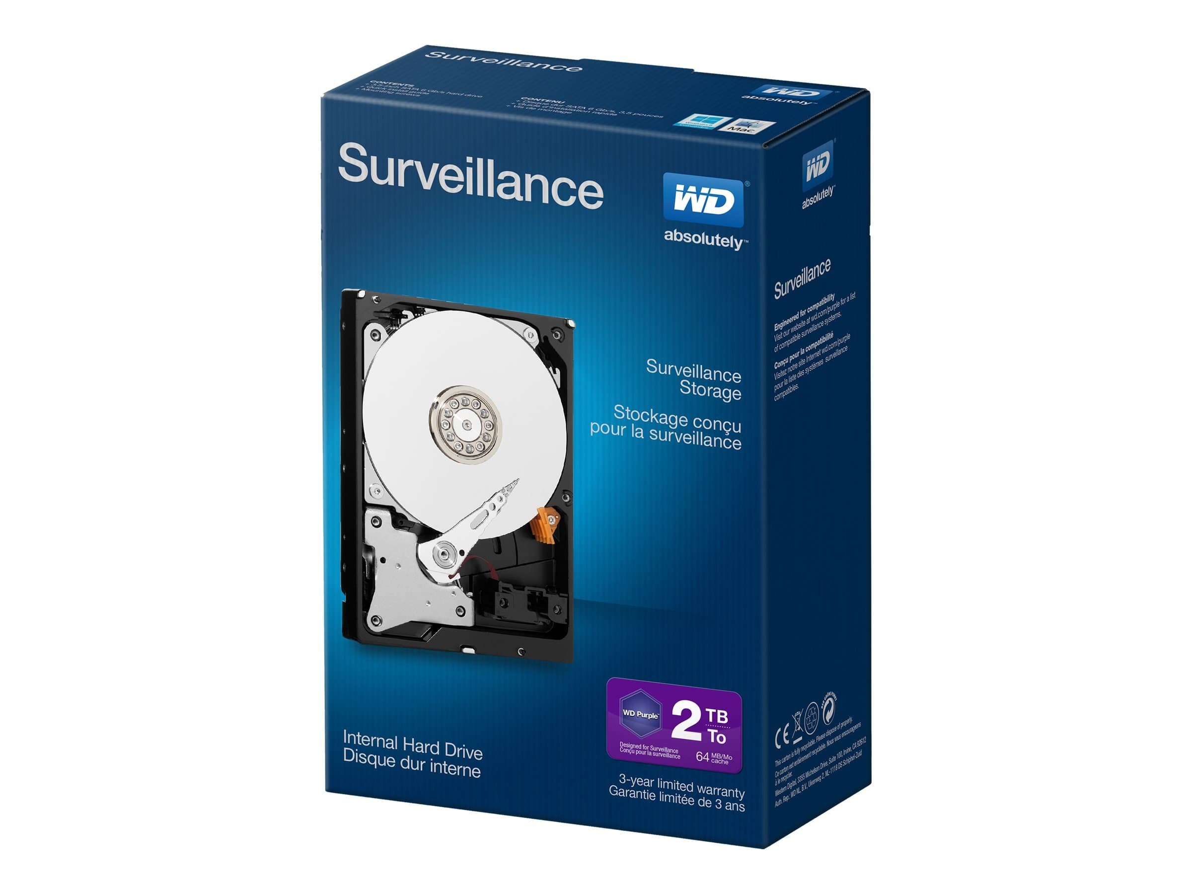 WD Purple 2 TB Surveillance Hard Disk Drive, Intellipower 3.5 Inch SATA 6 Gb/s 64 MB Cache 5400 rpm, Black