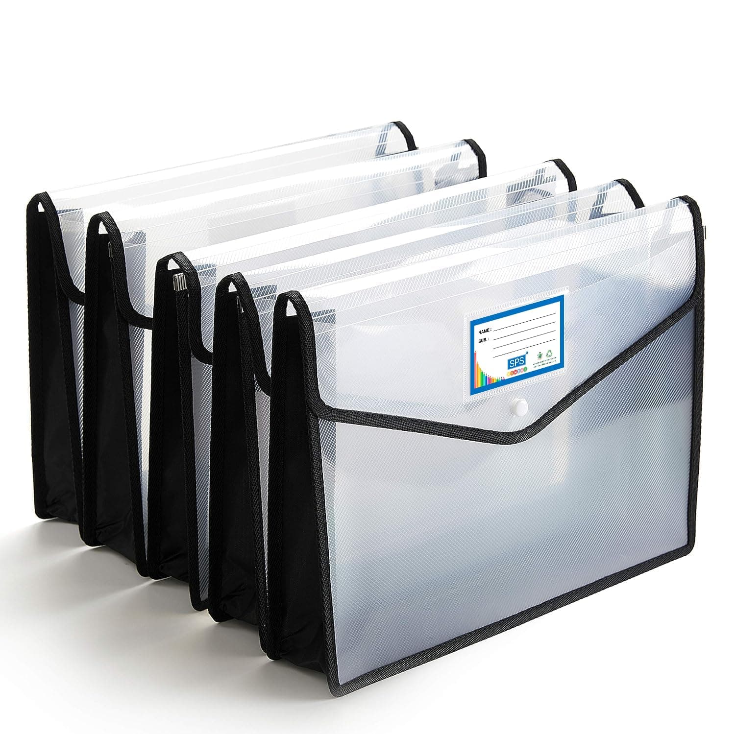 SPS File Folder, Transparent Poly-Plastic for A4/Foolscap Documents | Snap Button File Storage Bag | Set of 5 (Black)