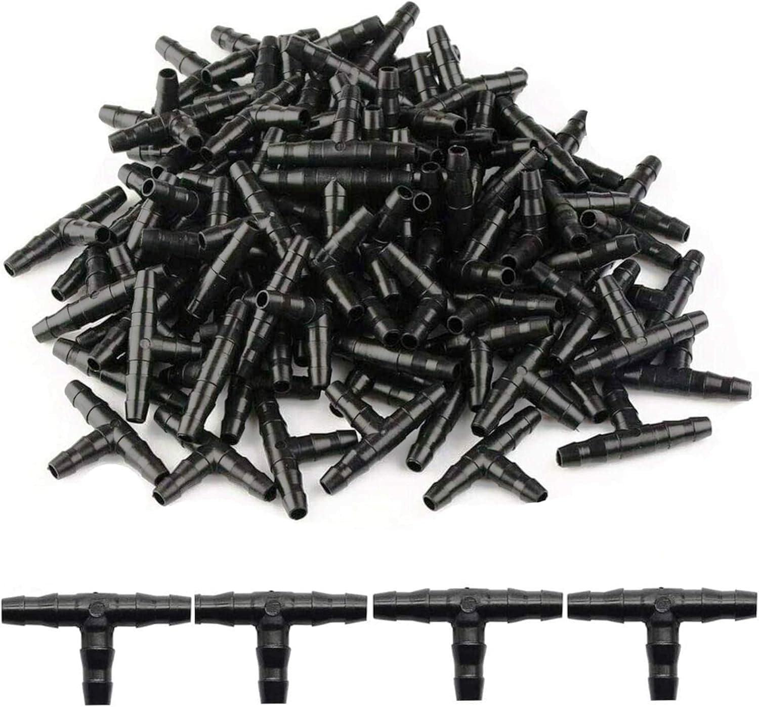 100pcs 1/4" Universal Barbed Tee Fittings, Kalolary Barbed Connectors Drip Irrigation for 1/4 Inch Water Hose Connectors 4mm/7mm Water Tube Drip Irrigation Watering System