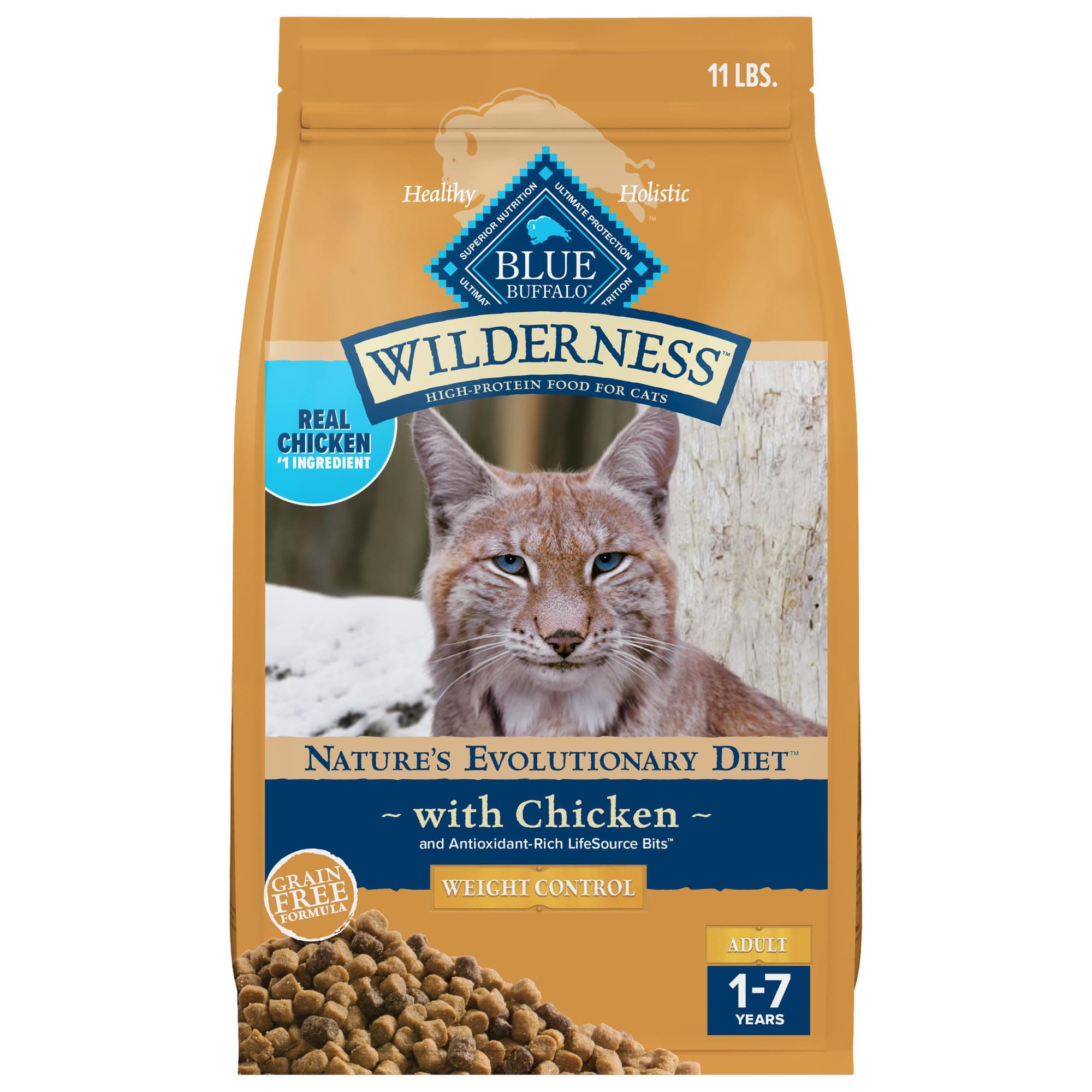Blue Buffalo Wilderness High-Protein, Grain-Free Natural Dry Food for Adult Cats, Weight Control, Chicken, 11-lb Bag