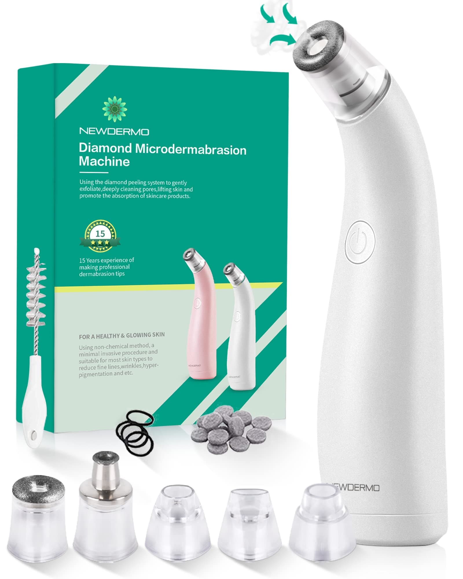 NEWDERMO 2-in-1 Microdermabrasion Machine Facial Diamond Pore Suction Machine Blackhead Remover Vacuum Salon-Level Dermabrasion at Home (Pure White)