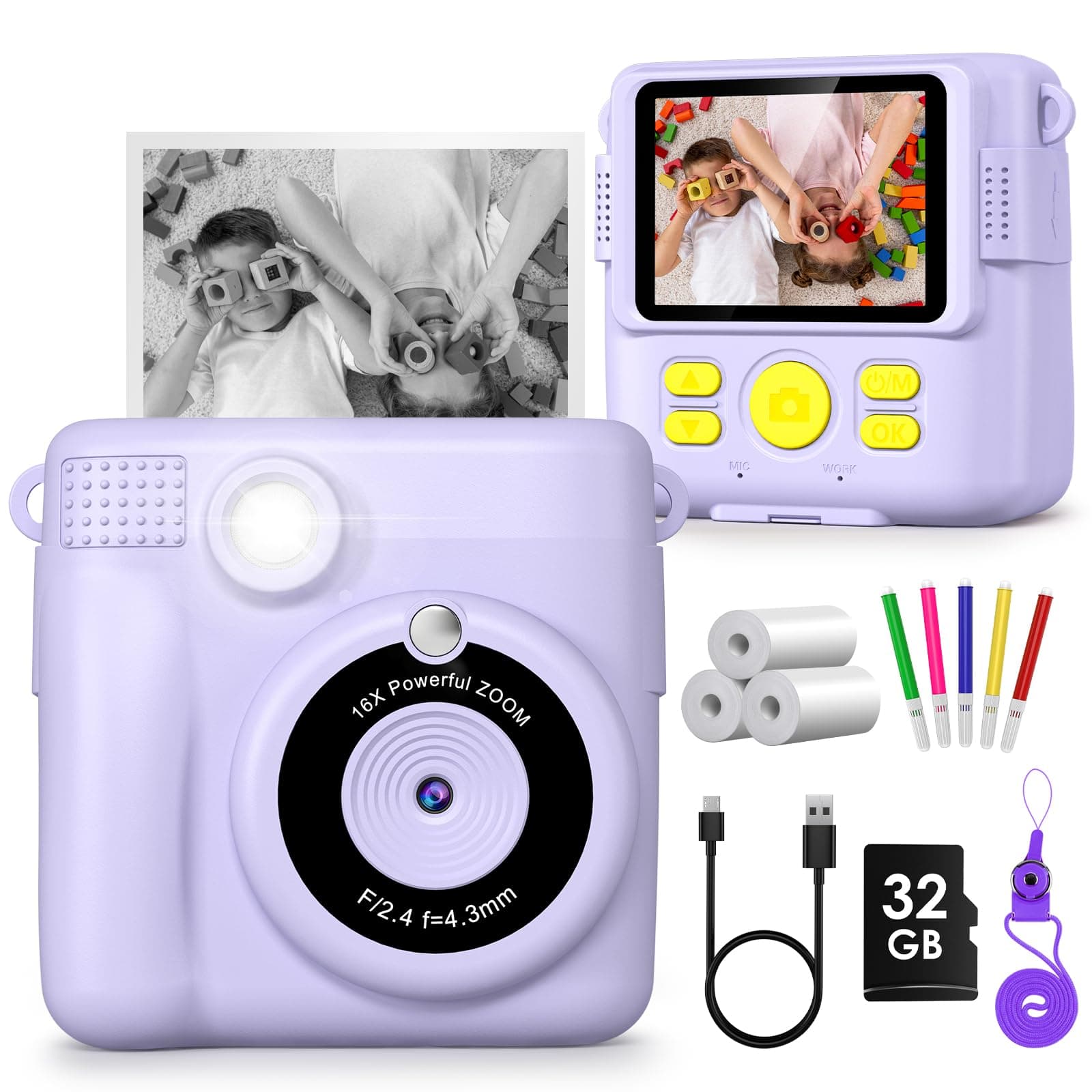 Gofunly Kids Camera Instant Print,1080P Digital Instant Camera for Kids, 32GB Card, 3 Rolls Print Paper, Birthday Gifts Childrens Selfie Toys for Boys Girls Age 3-12,Purple