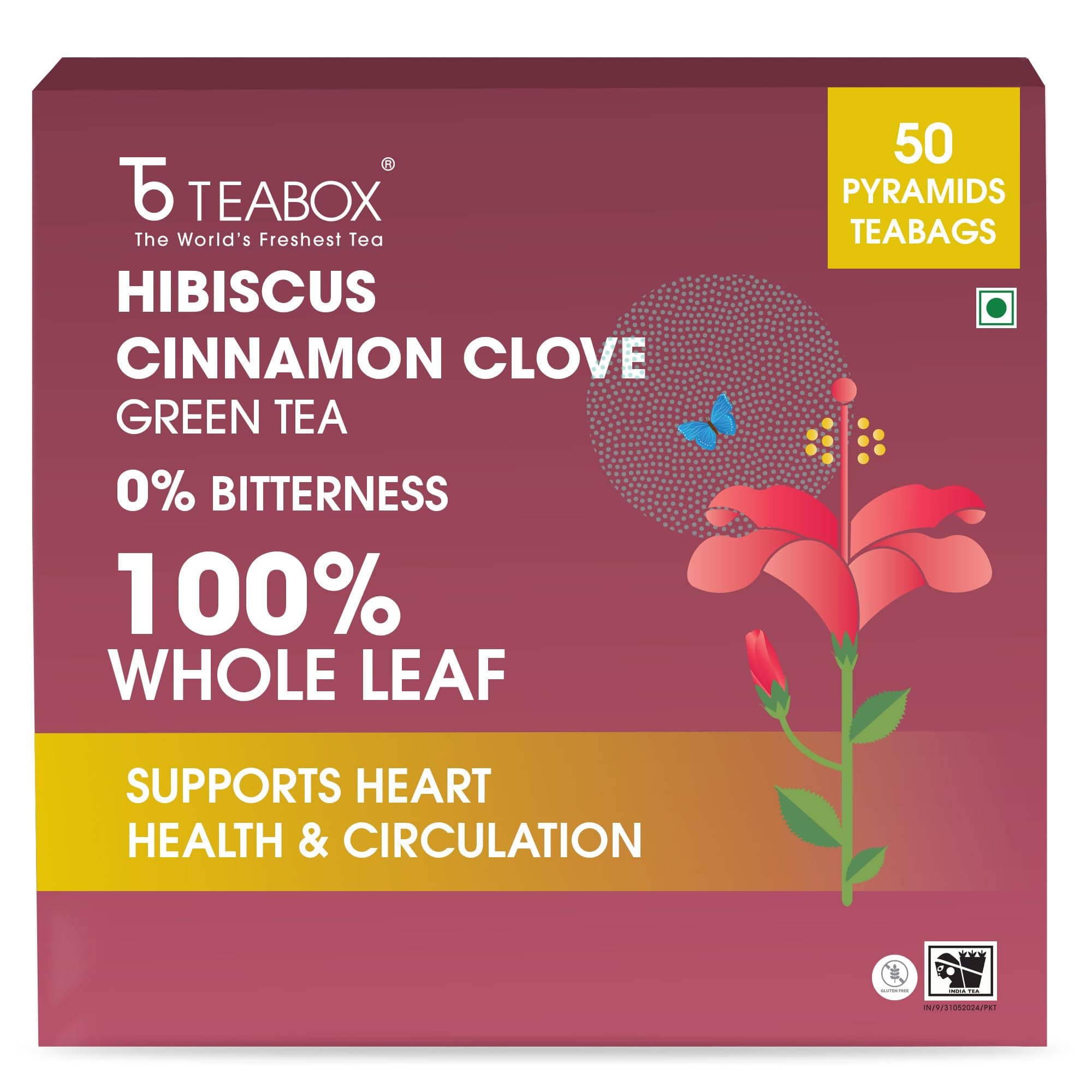 Teabox Hibiscus Cinnamon Clove Green Tea | 50 Tea Bags | Natural Green Tea Infused with Hibiscus, Clove & Cinnamon | Soothing & Spicy Floral Blend