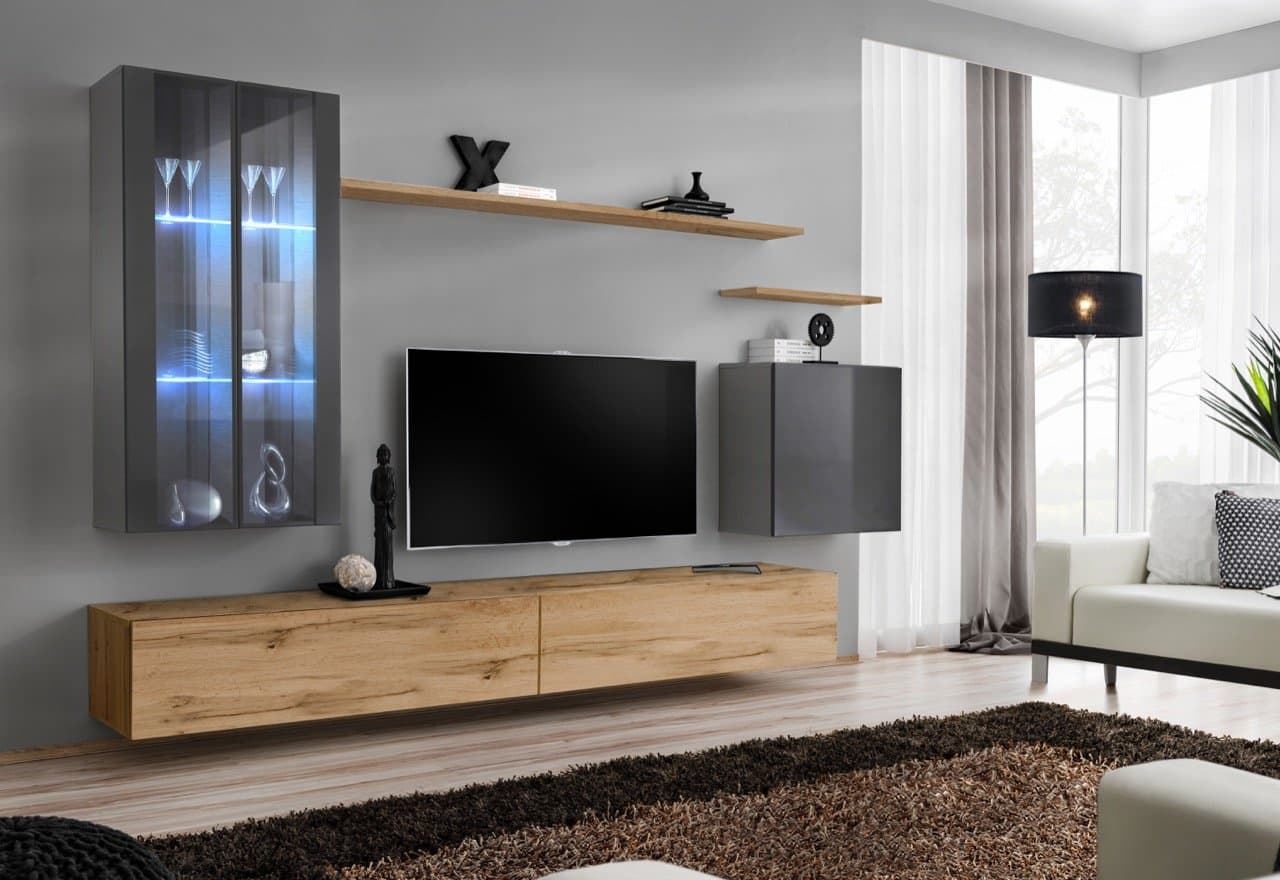 Domadeco Soho 12 Wall Mounted tv Units Modern Unique Furniture for Living Room Color (Oak & Grey)