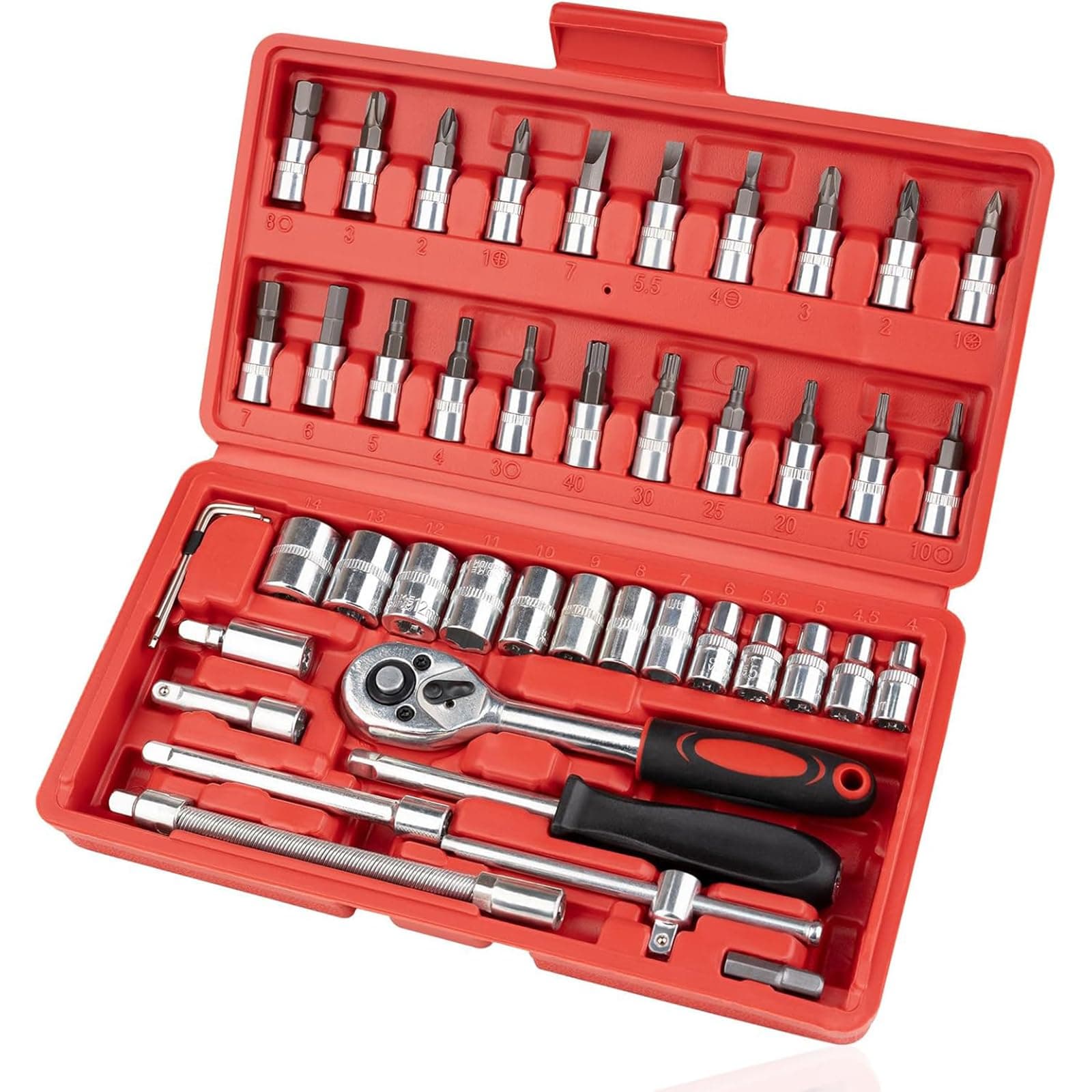 THE WHITE SHOP 46PCS 1/4 inch Socket Wrench Set, with Bit Socket Set Metric and Extension Bar for Auto Repairing and Household, with Storage Case