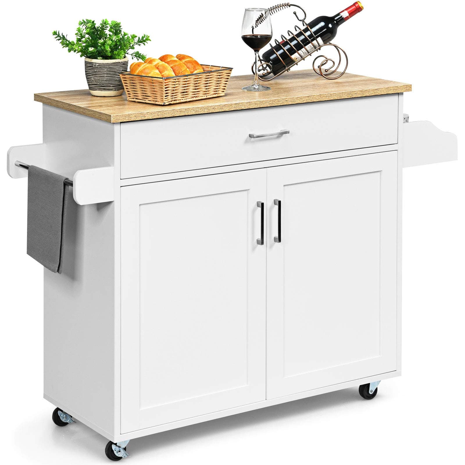 COSTWAY Kitchen Storage Trolley, Rolling Kitchen Island with Adjustable Shelf and Large Drawer, Home Restaurant Dining Room Organiser Sideboard Cupboard Cabinet Cart (White, 116 x 40 x 85cm)