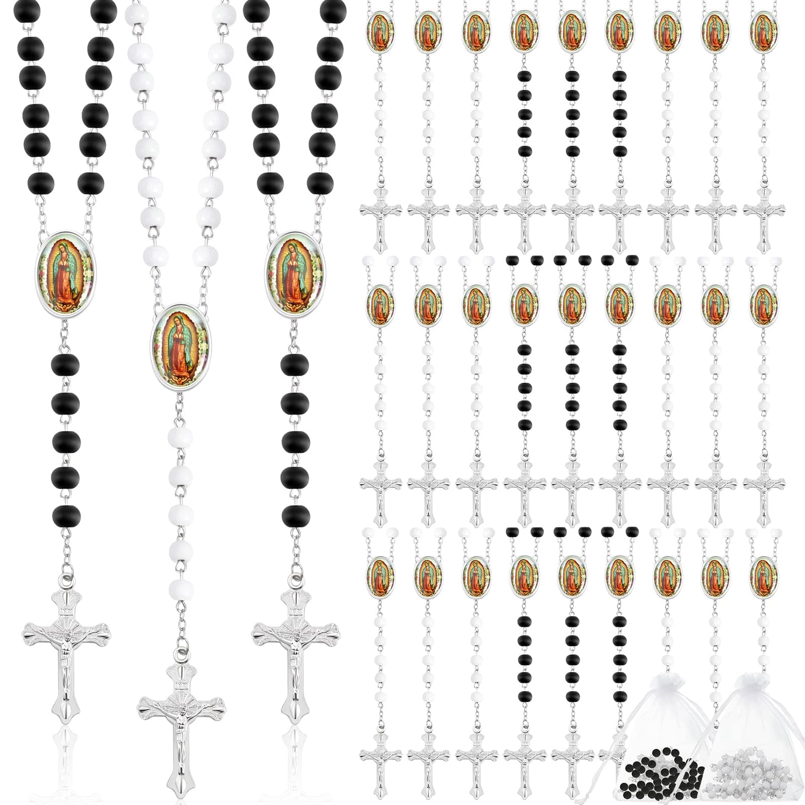Taiyin Wooden Bead Rosary Necklace with Crucifix and Our Lady of Guadalupe Scented First Communion Rosary with 36 Organza Bags Baptism Favors Catholic Gift for Men Women