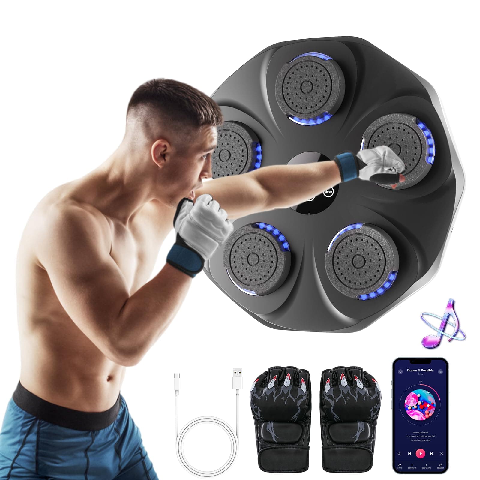 Music Boxing Machine, Smart Wall Mounted Bluetooth Boxing Music Punching Machine with Gloves, Musical Workout Home Gry Equiment, Music Beat Boxing Machine for Adult Kids