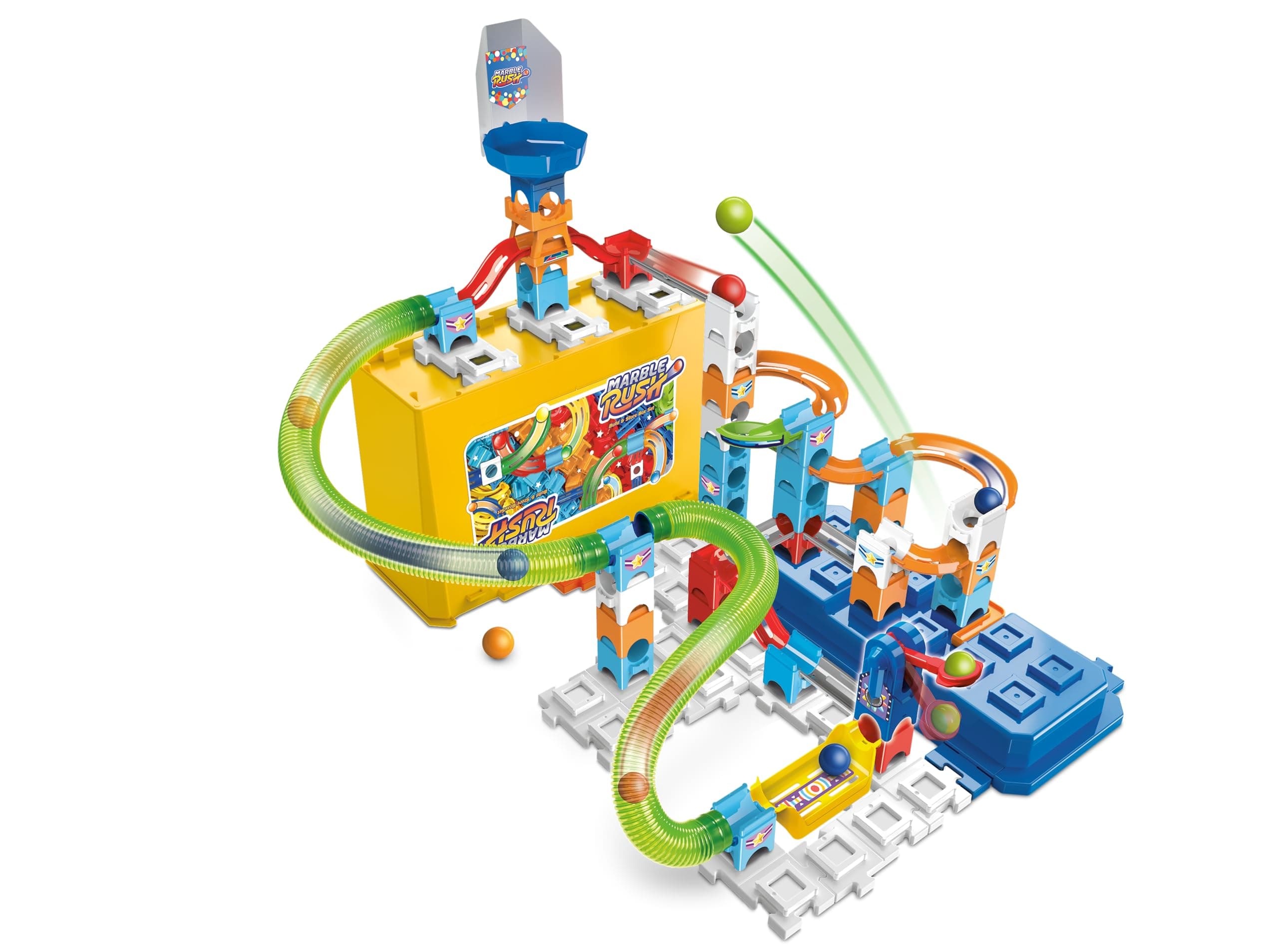 Marble Rush Build and Store Box Set, Construction Set for Kids, 5 Marbles and 62 Building Pieces, Marble Run with Launcher, Building Toy, Track Set for 4, 5, 6 Years Plus, English Version