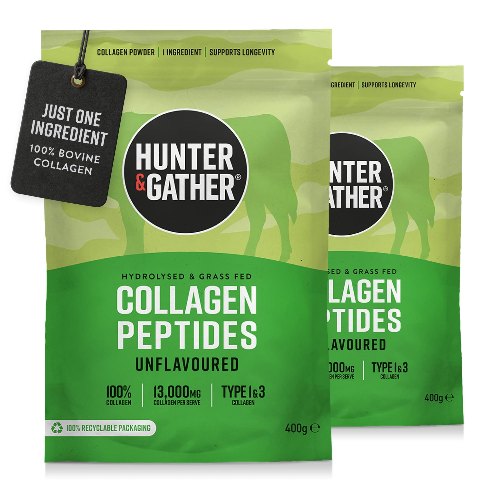 Grass Fed Bovine Collagen Powder 2x400g | Pure Unflavoured Premium Hydrolysed Bovine Collagen Peptides Powder for Hair Skin Nails Muscles | Collagen Supplements for Women and Men