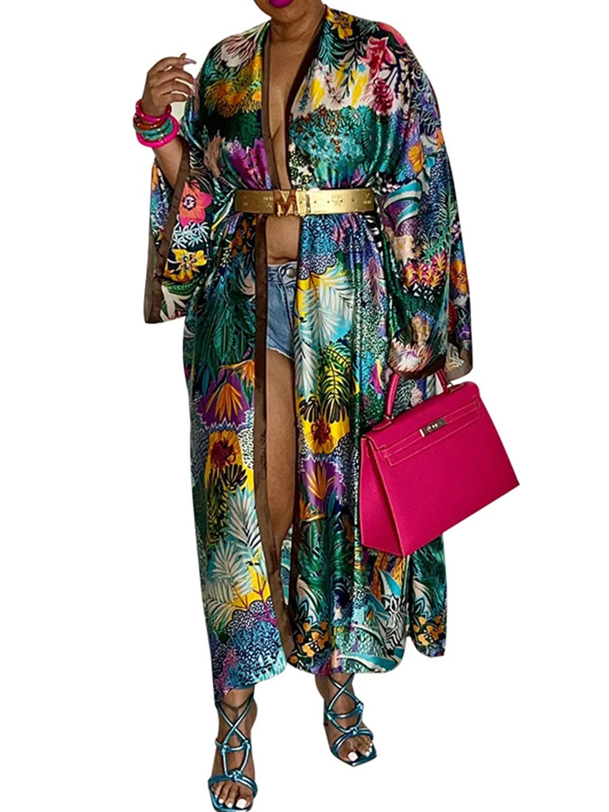 Women's Floral Print Satin Robe Kimono Cardigan Open Front Long Cover Ups Outerwear One Size