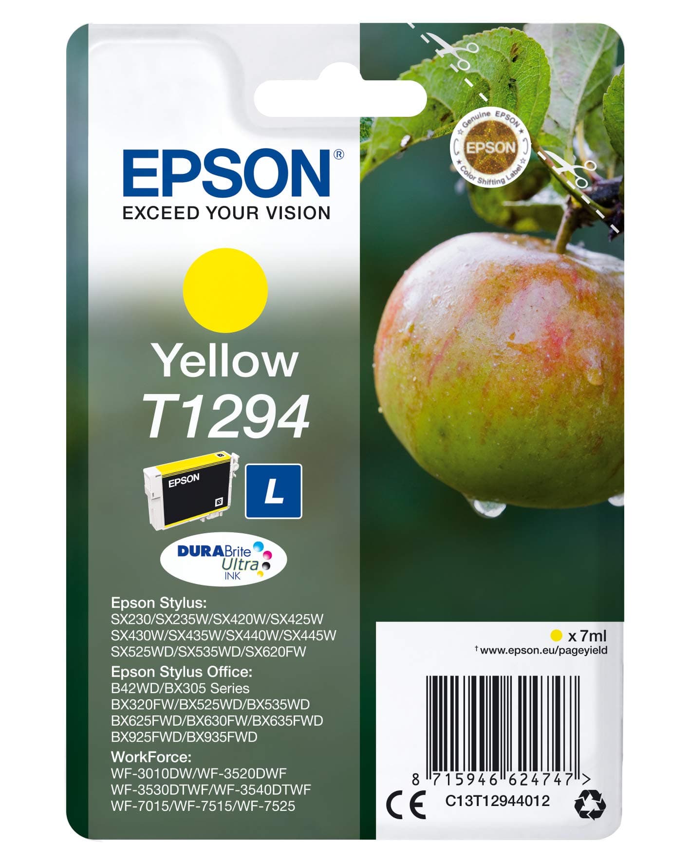 Epson,235M122,Original AA8T1294 ApfelTinte (SX420W BX320FWSX620FW BX/SX525WD BX625FWD BX305FW B42WDBX925FWD BX635FWD BX535WD SX435/440W BX630FW SX235W WF7015 7515 7525 3010 3520 3540) gelb
