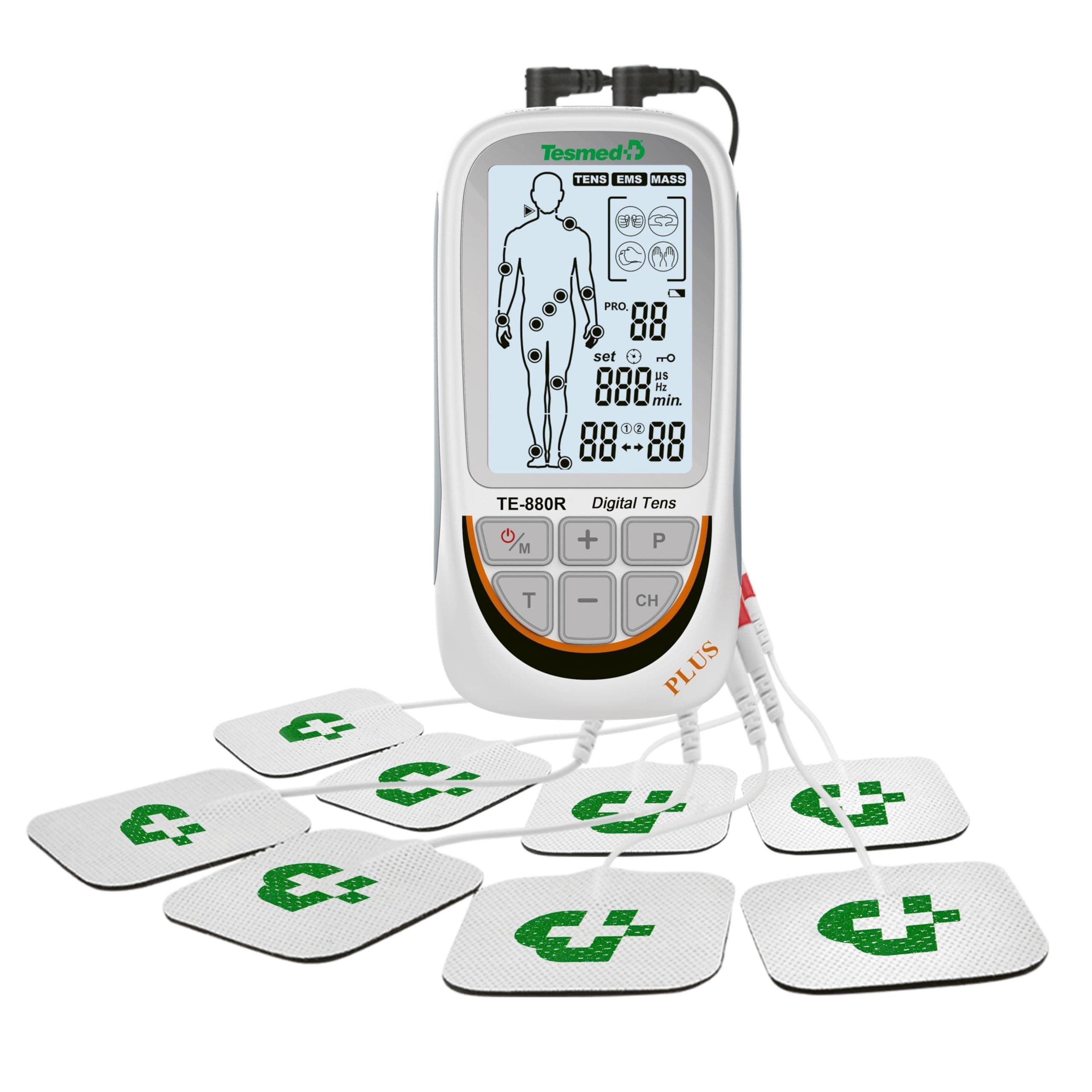 TESMED TE-880R Plus Rechargeable Muscle Stimulator, EMS, TENS, Massage: 73 Programs of Which 2 Customizable – Works with 8 Electrodes