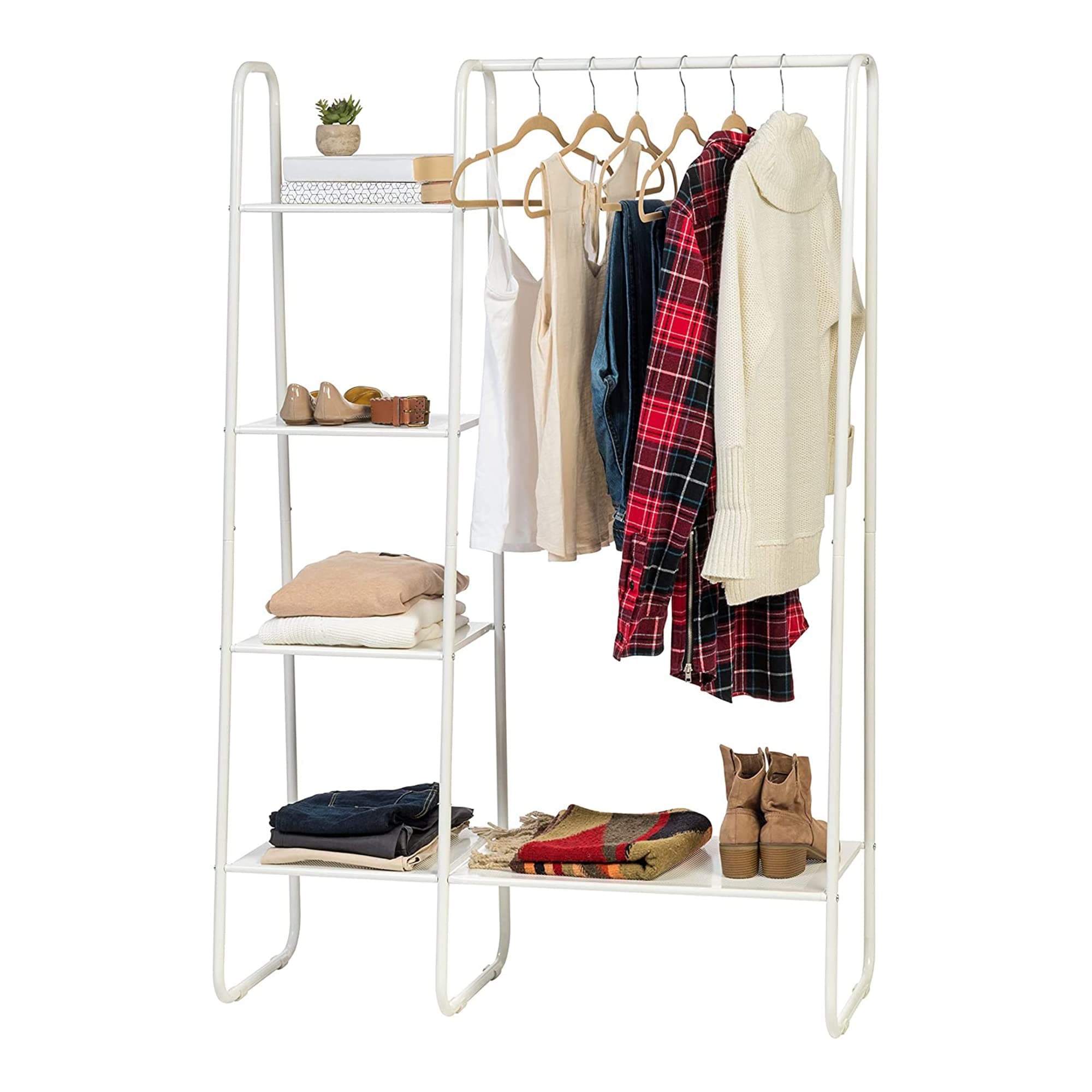 IRIS USA PI-B6 Garment Rack with Metal Mesh Shelves, White