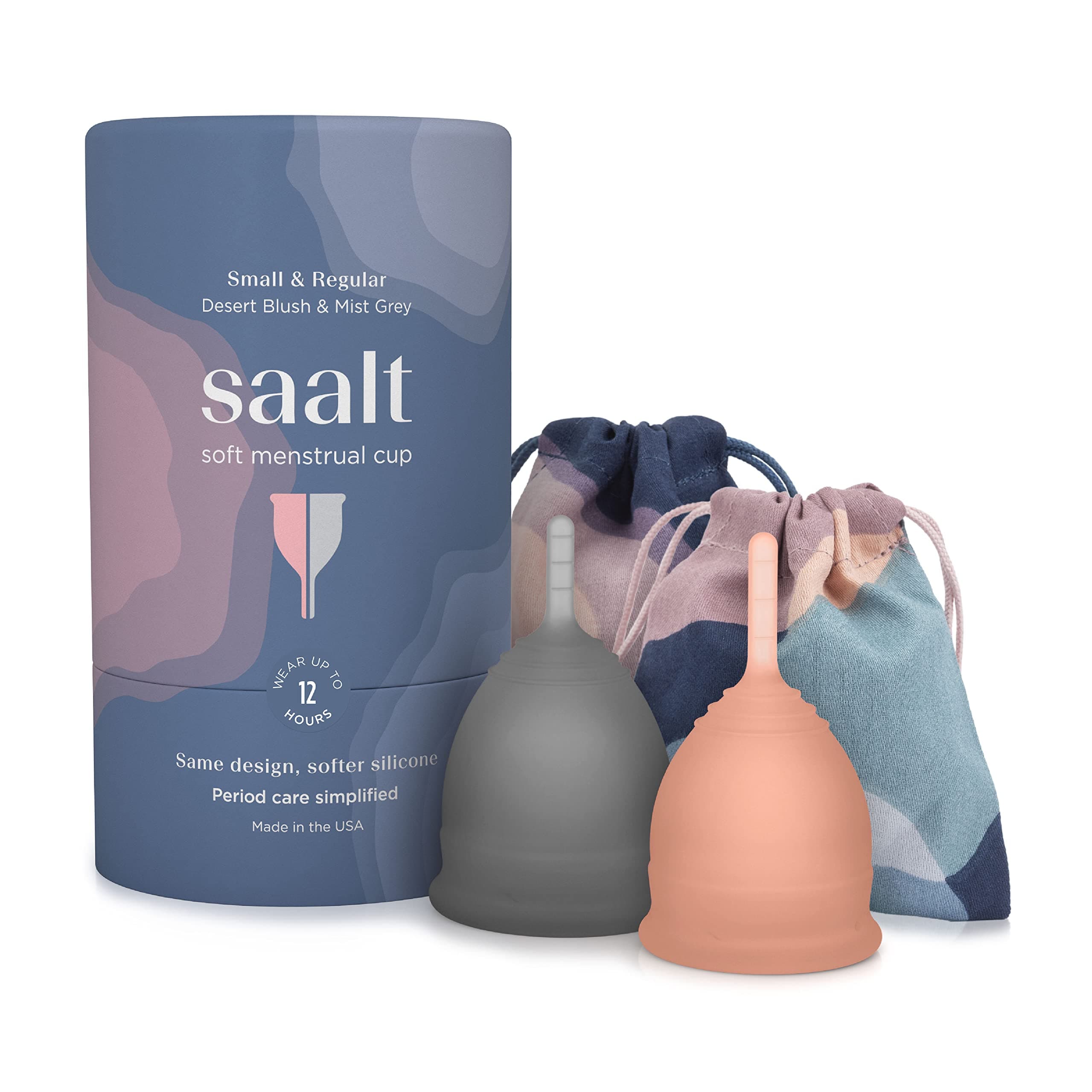 Soft Menstrual Cup – Reusable Period Cup – Made for Comfortable, Leak-Free Protection Up to 12 Hours – BPA & Latex Free – Includes Cup & Carry Bag (Regular Grey/Small Desert Blush)