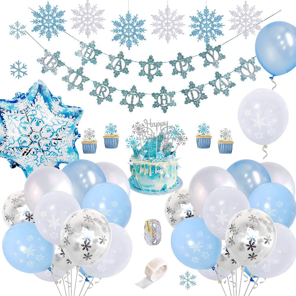 Snowflake Birthday Party Decorations with Happy Birthday Banner, DIY Cake Toppers,Dreamy Blue White Confetti Latex Balloons for Girls Women Birthday Baby Shower Party Backdrop