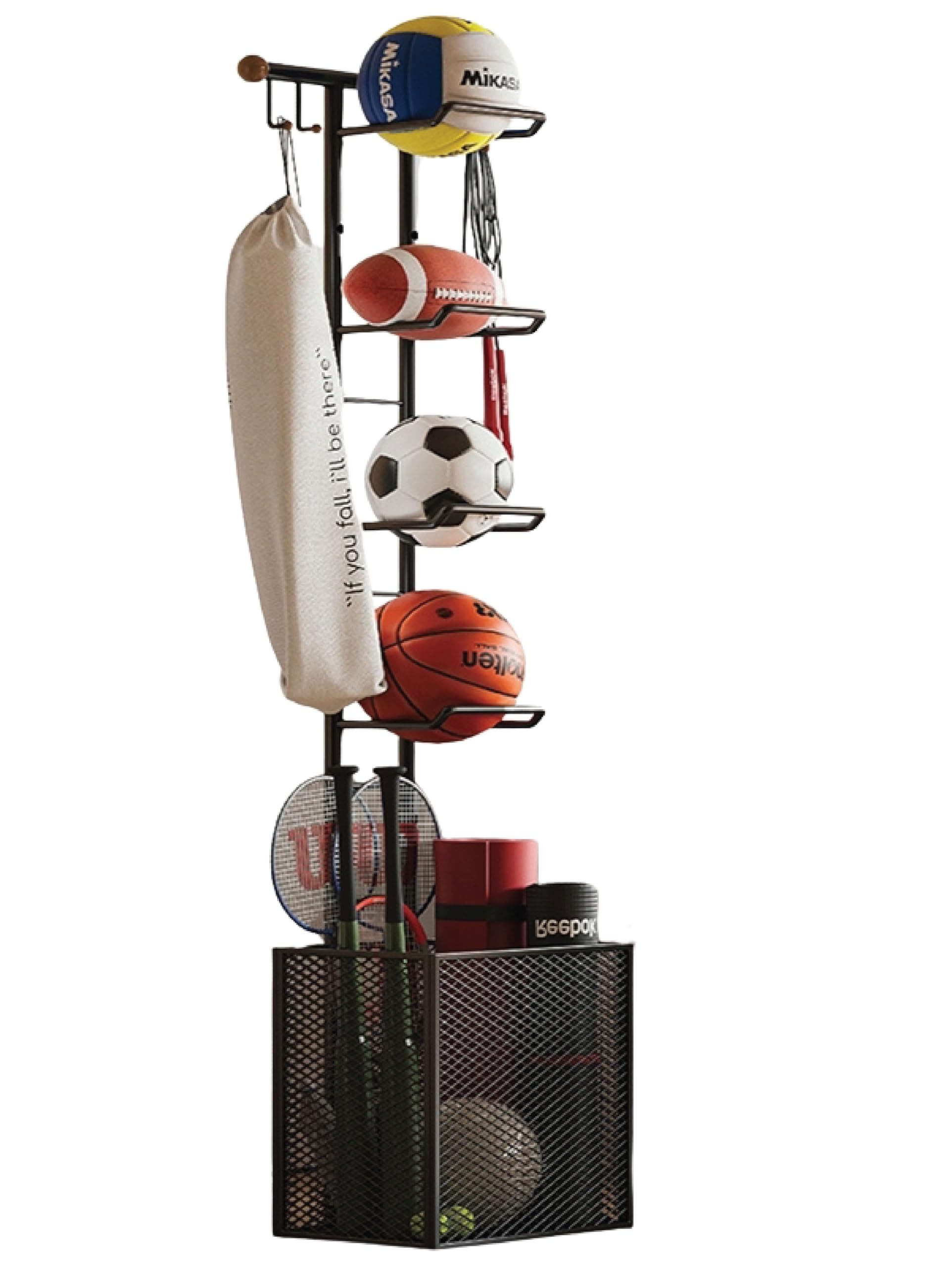 ARHAT ORGANIZERS Portable 4-Tier Sports Ball Storage Stand with Basket | Freestanding Sports Equipment Organizer Rack | For Basketball, Football, Volley ball, Bats etc | Garage Sports Organizer Stand