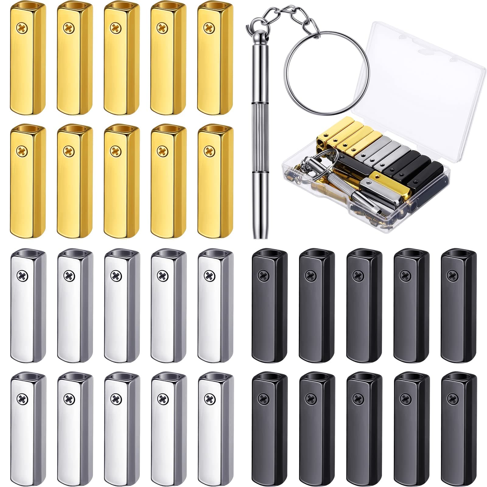 30 Pcs Metal Aglets Shoelace Tips Shoe Lace Hoodie String Caps DIY Aglets for Shoelace End Caps with Screwdriver Shoe String Tips Head for Canvas Sneakers Hoodies Clothes(Gold, Silver, Black)