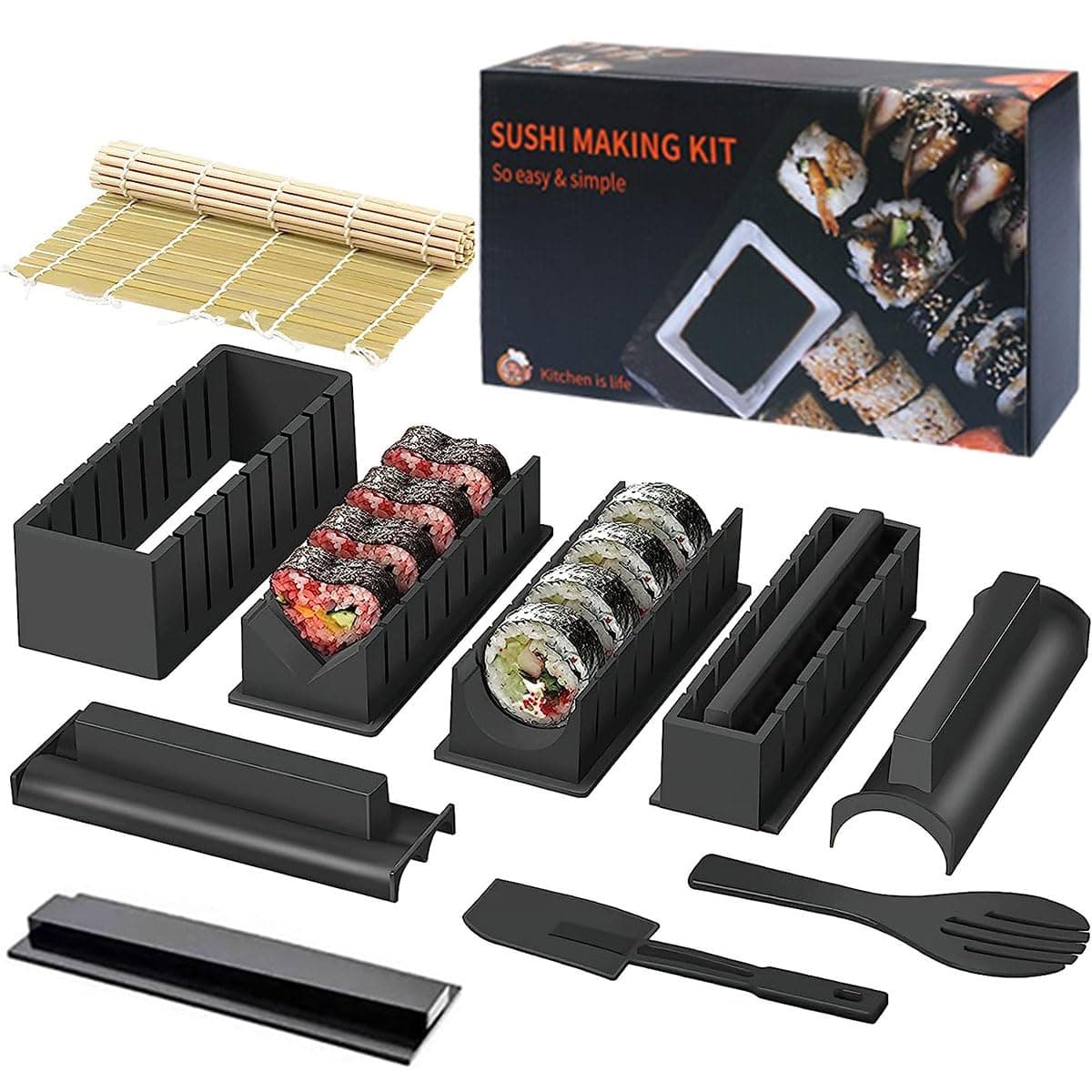 11Pcs Sushi Maker Kit,Sushi Molds Press with Sushi Rice Mold Shapes,Sushi Roller Kit with Bamboo Sushi Mat, Easy Home Kitchen Accessories DIY Onigiri Mold Sushi Maker Tool for Beginners